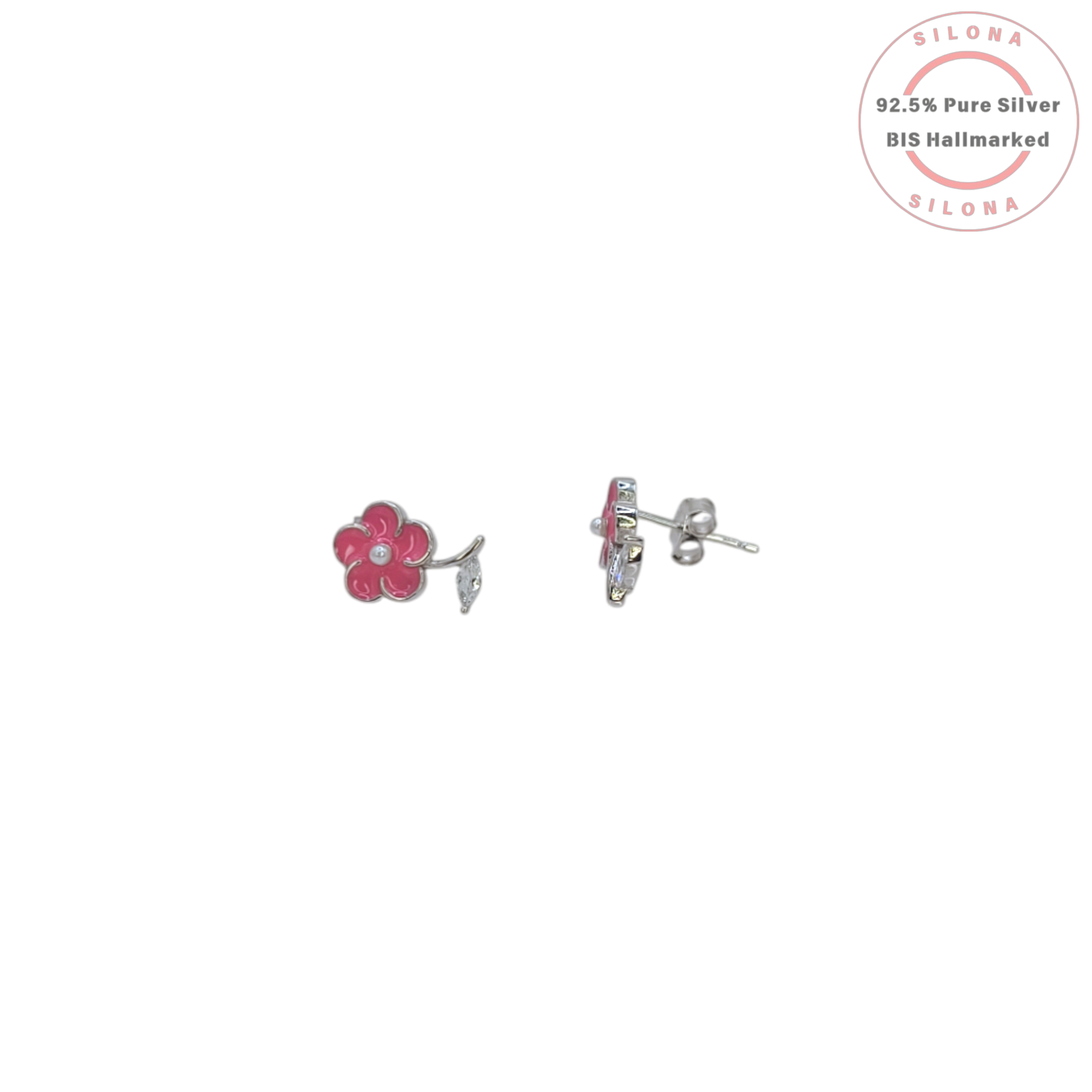 A pair of Silona silver stud earrings shaped like flowers with bright pink enamel petals, a central cubic zirconia, and a sparkling stone leaf.