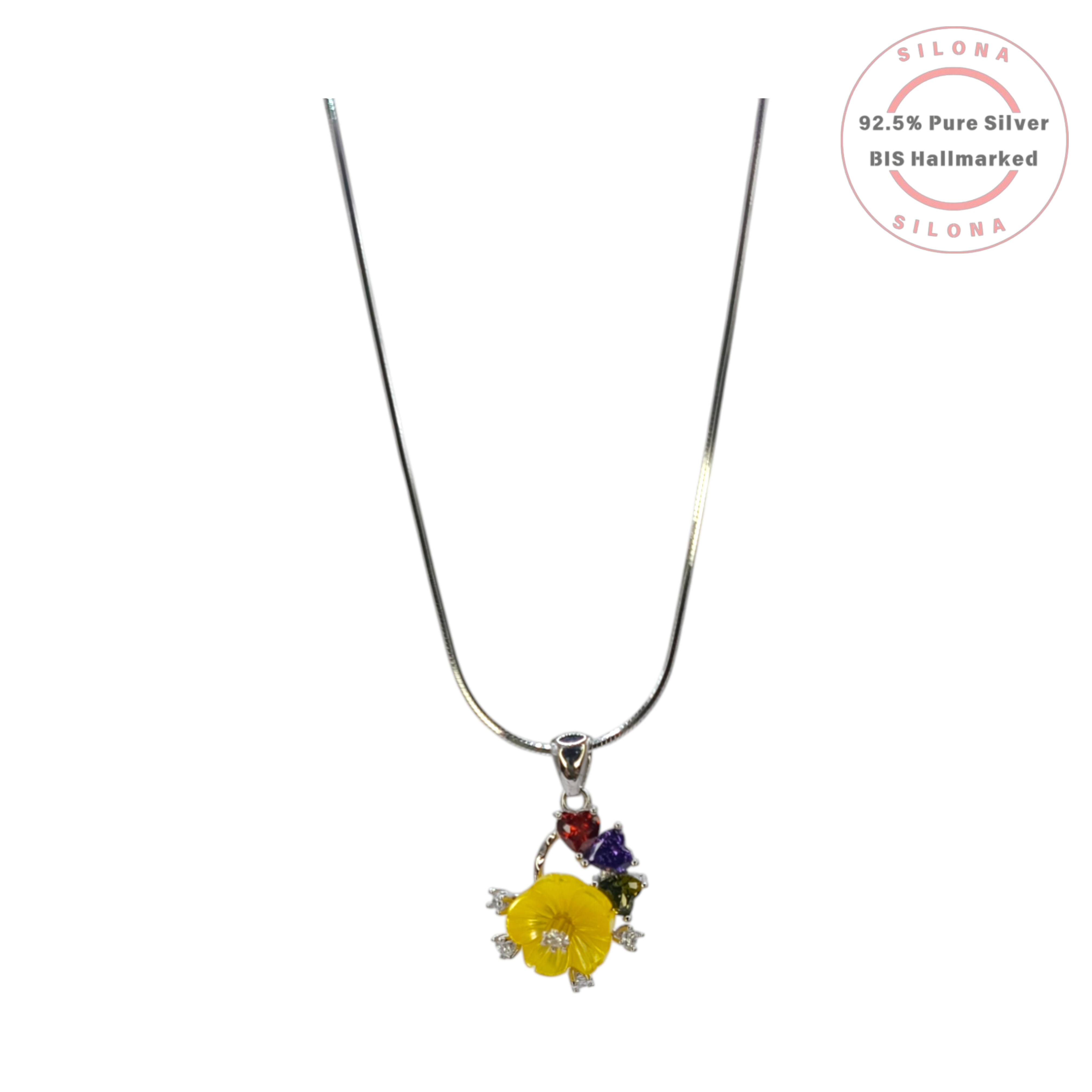 Silona's Vibrant Buttercup Flower Necklace and Earring Set in 92.5 silver, featuring a yellow flower pendant with multi-color CZ stones and matching stud earrings, on a white background.
