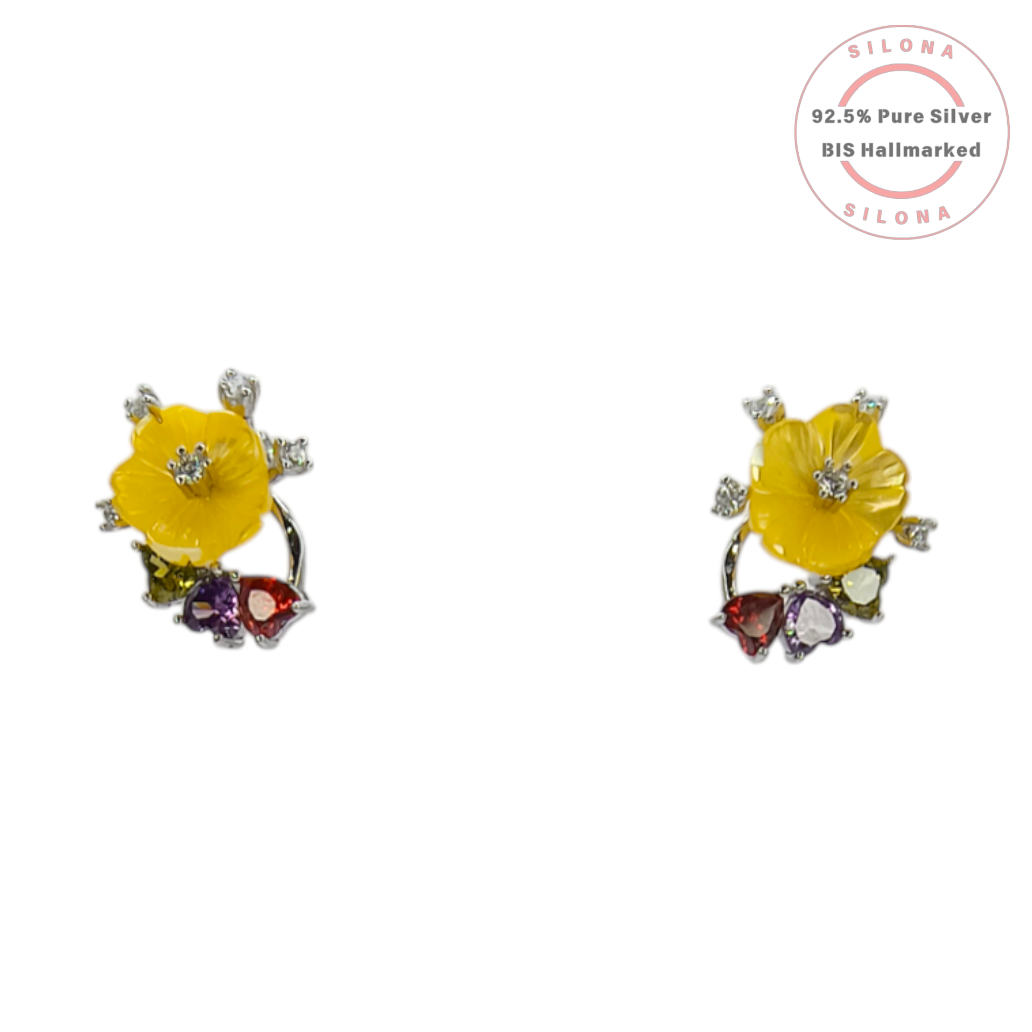 Silona's Vibrant Buttercup Flower Necklace and Earring Set in 92.5 silver, featuring a yellow flower pendant with multi-color CZ stones and matching stud earrings, on a white background.