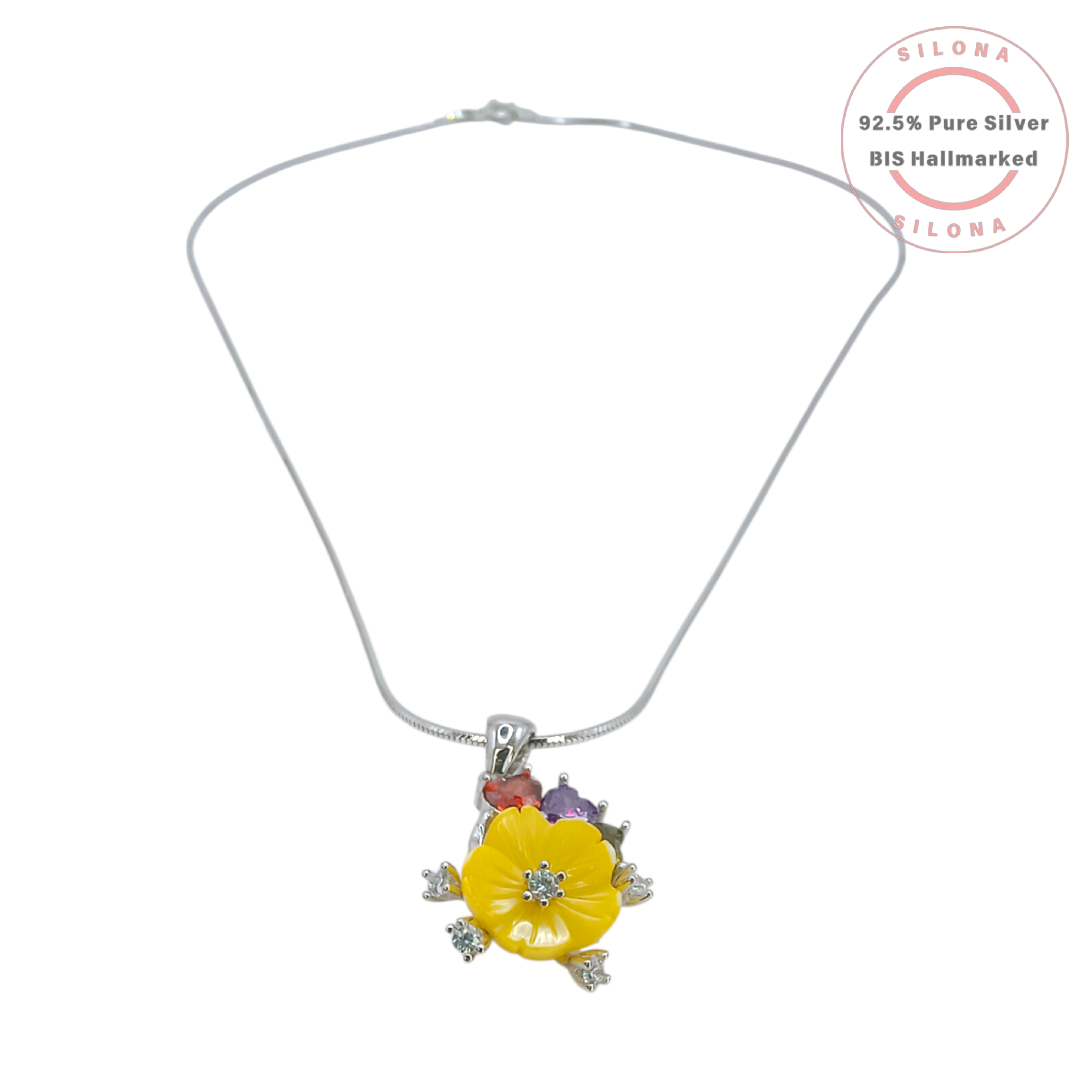 Silona's Vibrant Buttercup Flower Necklace and Earring Set in 92.5 silver, featuring a yellow flower pendant with multi-color CZ stones and matching stud earrings, on a white background.