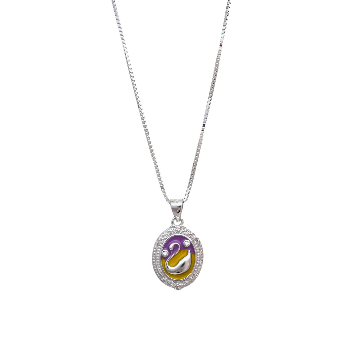 Silver box chain necklace featuring an oval pendant with purple and yellow enamel background framing a silver swan silhouette.