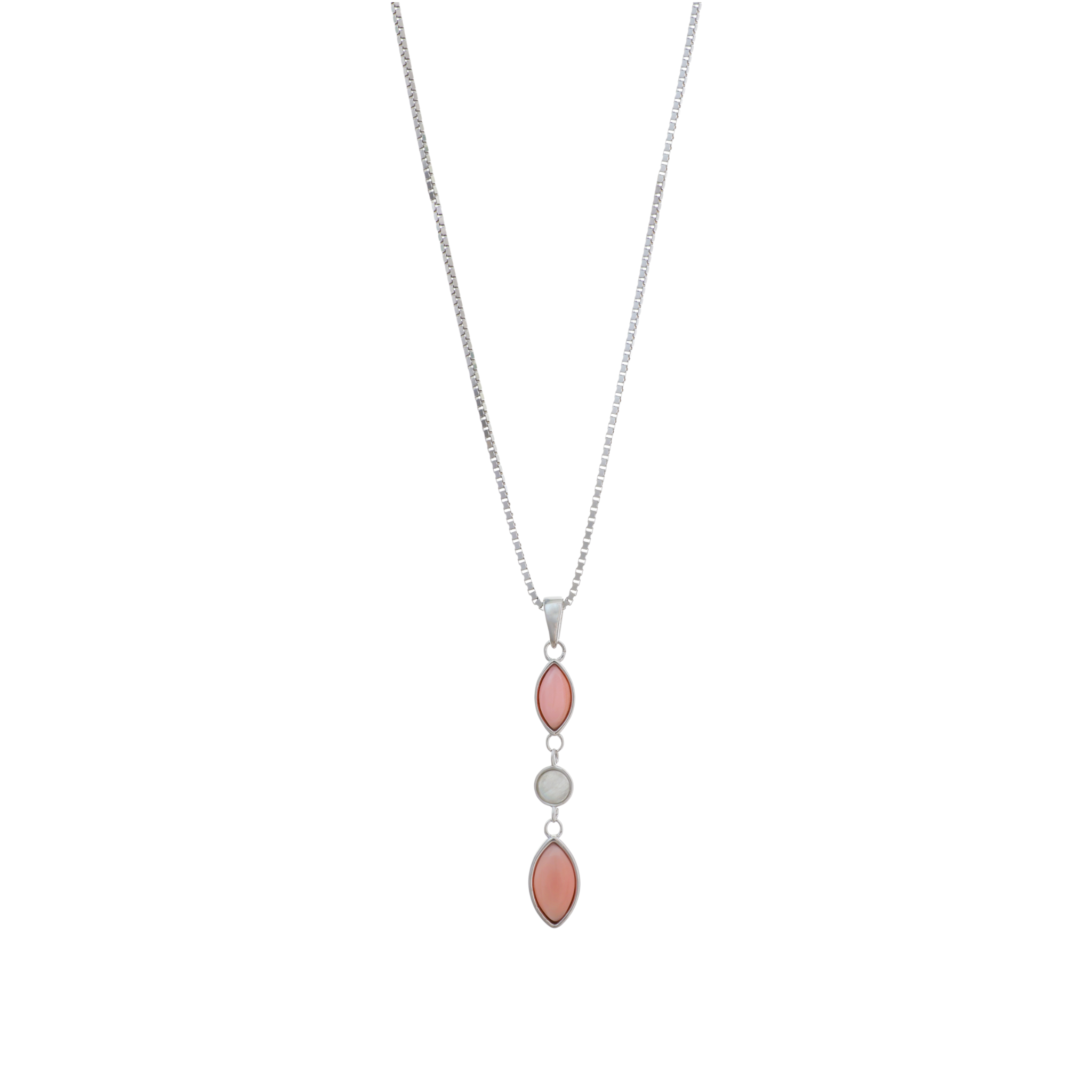 A silver box chain necklace with a linear vertical pendant containing two pink marquise stones framing a small round white stone.