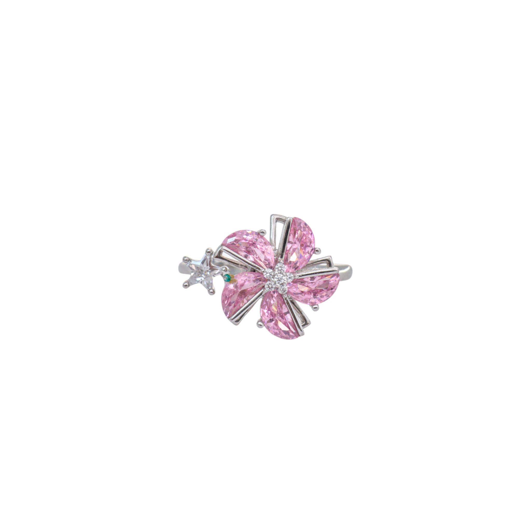 Pink marquise petal flower ring with a tiny star accent set on a silver band.