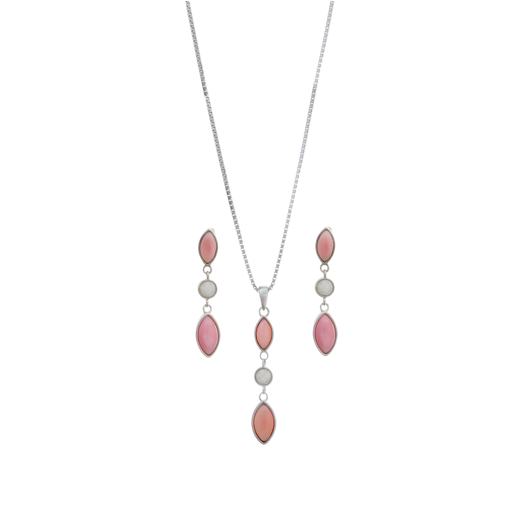 A silver box chain necklace with a linear vertical pendant containing two pink marquise stones framing a small round white stone.