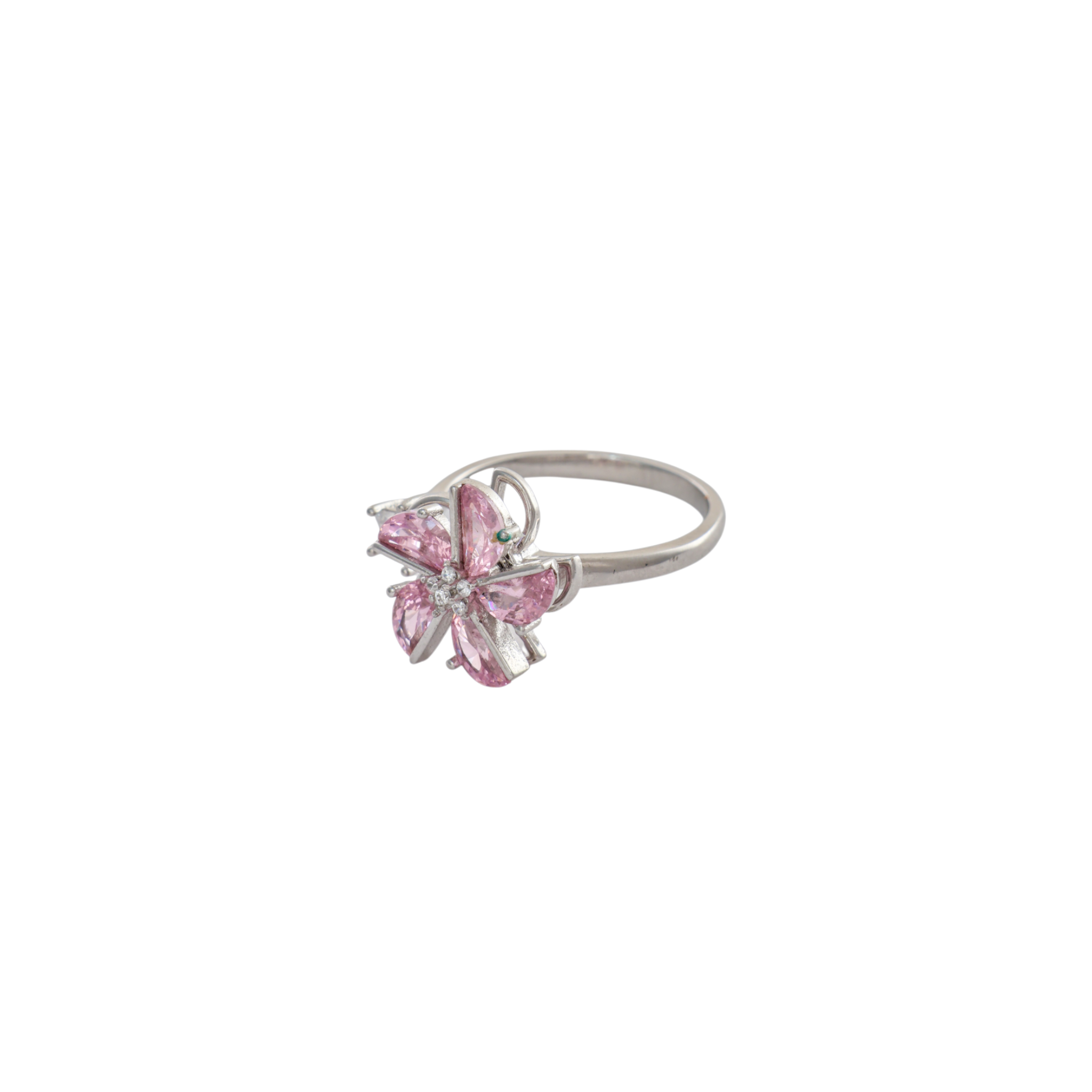 Pink marquise petal flower ring with a tiny star accent set on a silver band.