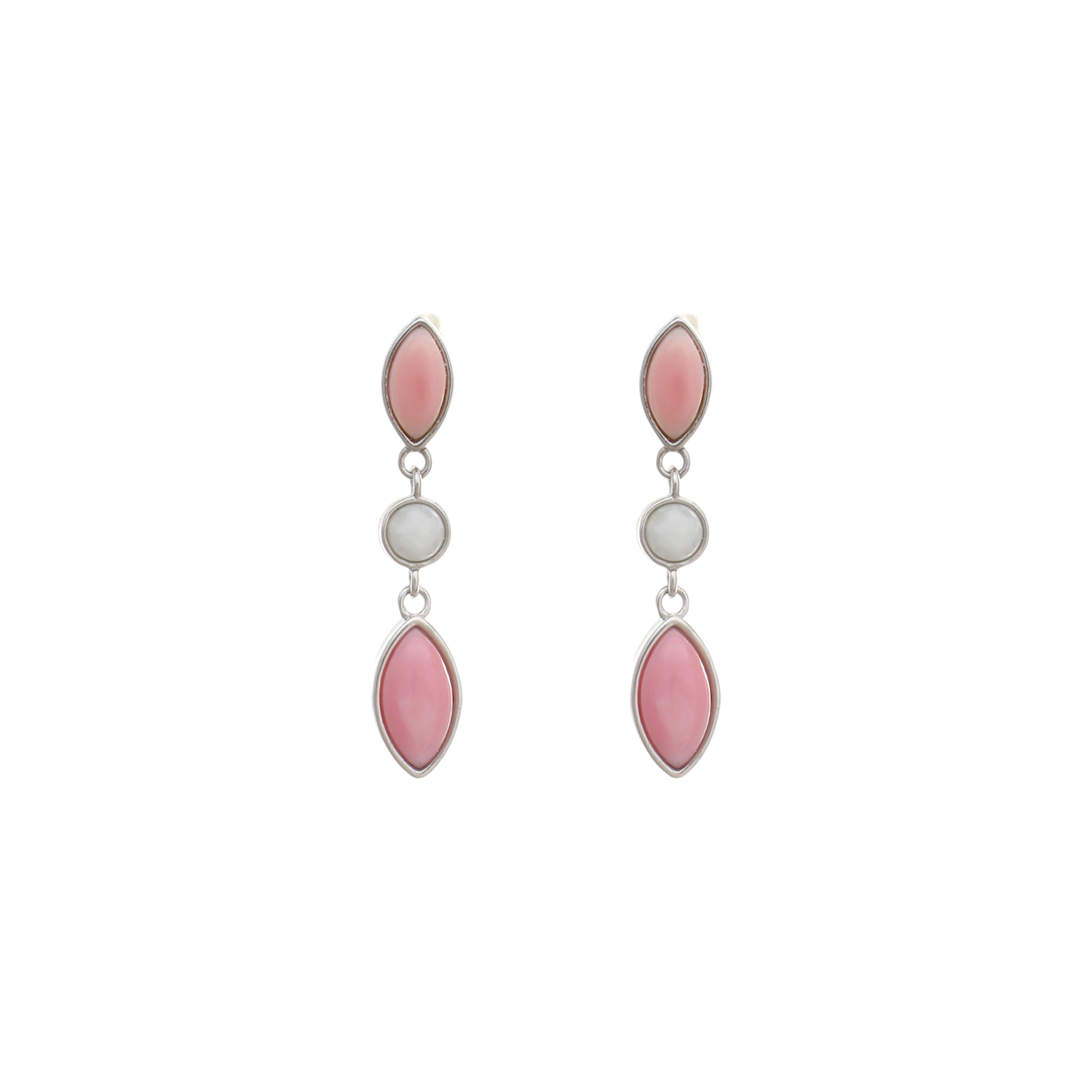 A silver box chain necklace with a linear vertical pendant containing two pink marquise stones framing a small round white stone.