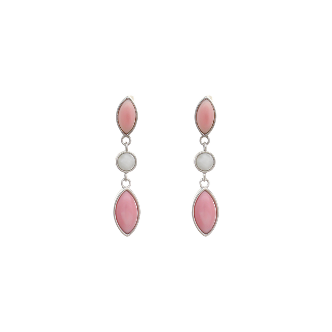 A silver box chain necklace with a linear vertical pendant containing two pink marquise stones framing a small round white stone.