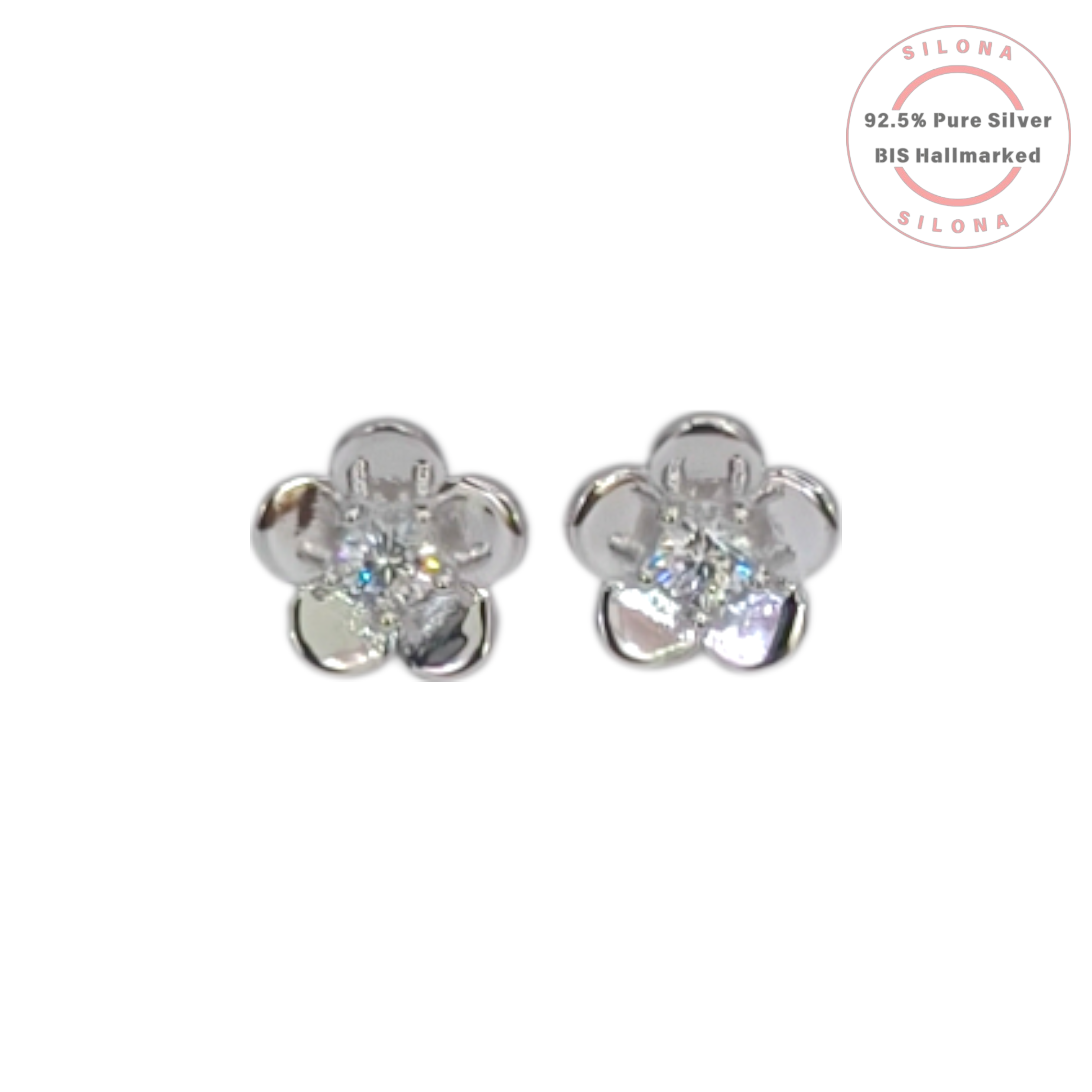 A pair of Silona's Dainty Floral Stud Earrings, crafted in polished 92.5 silver with a central cluster of clear Cubic Zirconia, shown on a white background with the Silona hallmark logo.