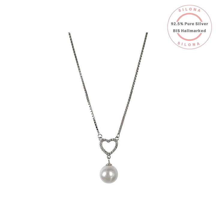Silona Pave Heart & Pearl Pendant Necklace in 92.5 sterling silver on a white background.