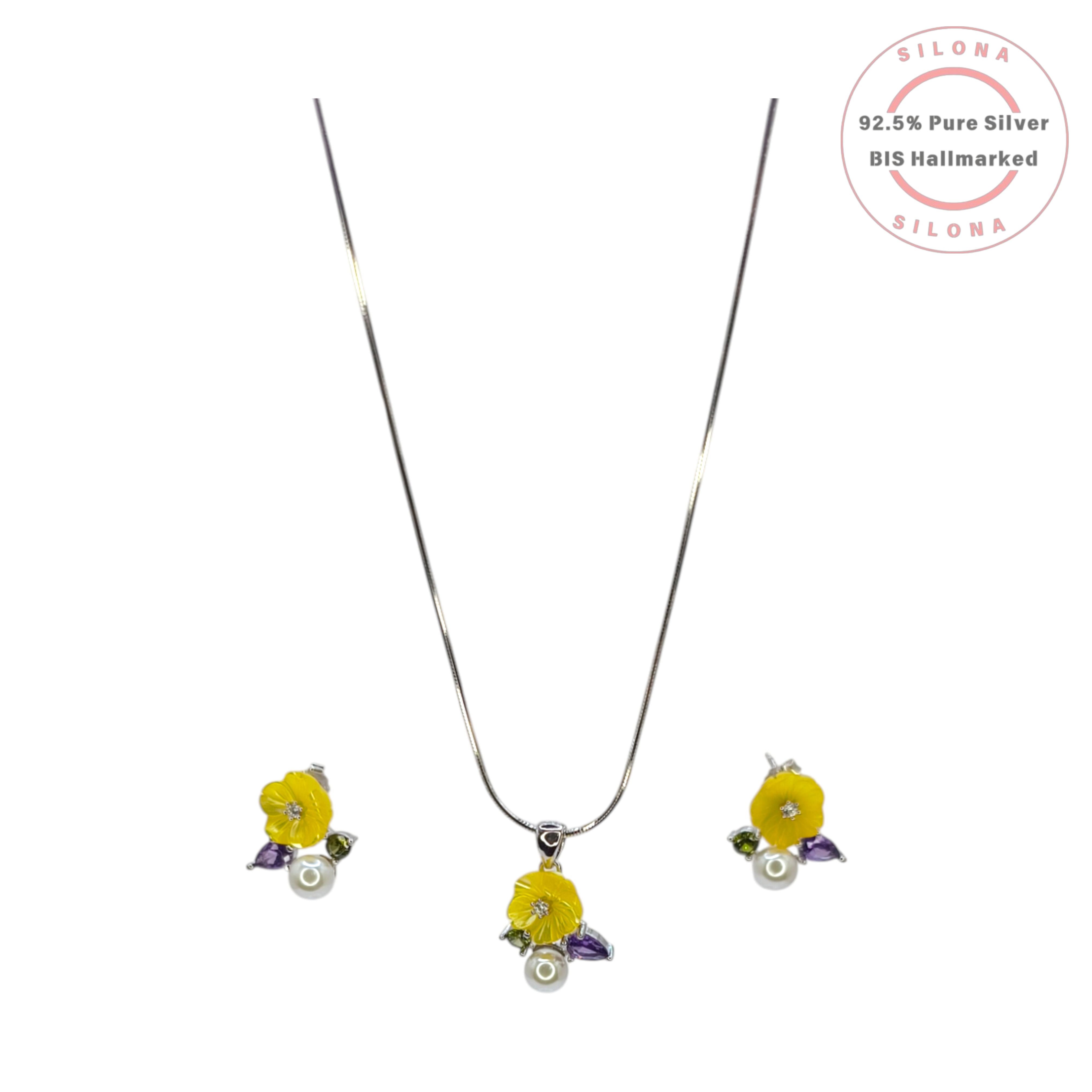 Silona Buttercup Floral Necklace and Earring Set in 92.5 silver. The set features a yellow enamel flower pendant with a pearl, purple and green stones, on a silver snake chain with matching stud earrings.