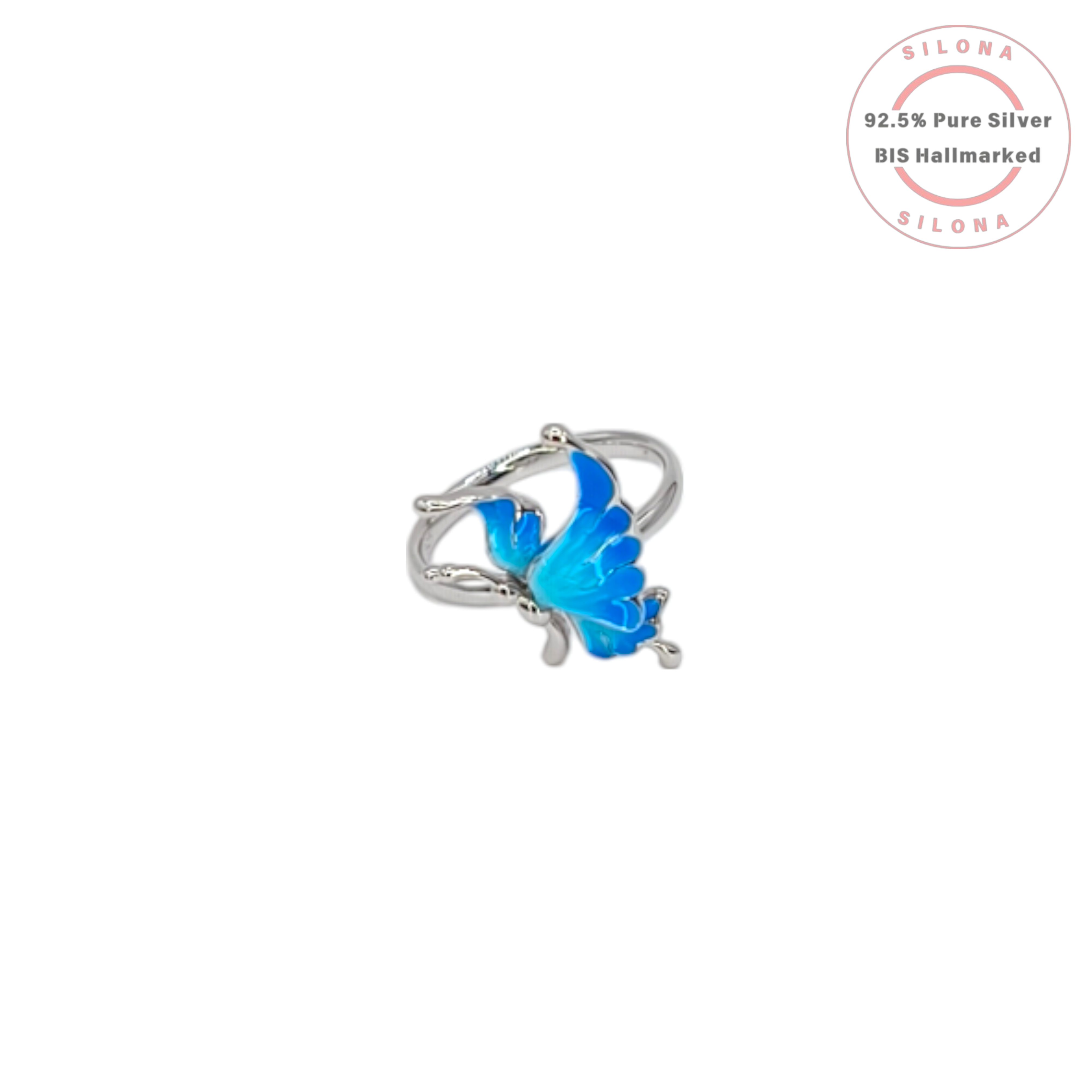 Silona's Enamel Butterfly Ring in pure 92.5 silver, featuring vibrant blue wings on an adjustable band.