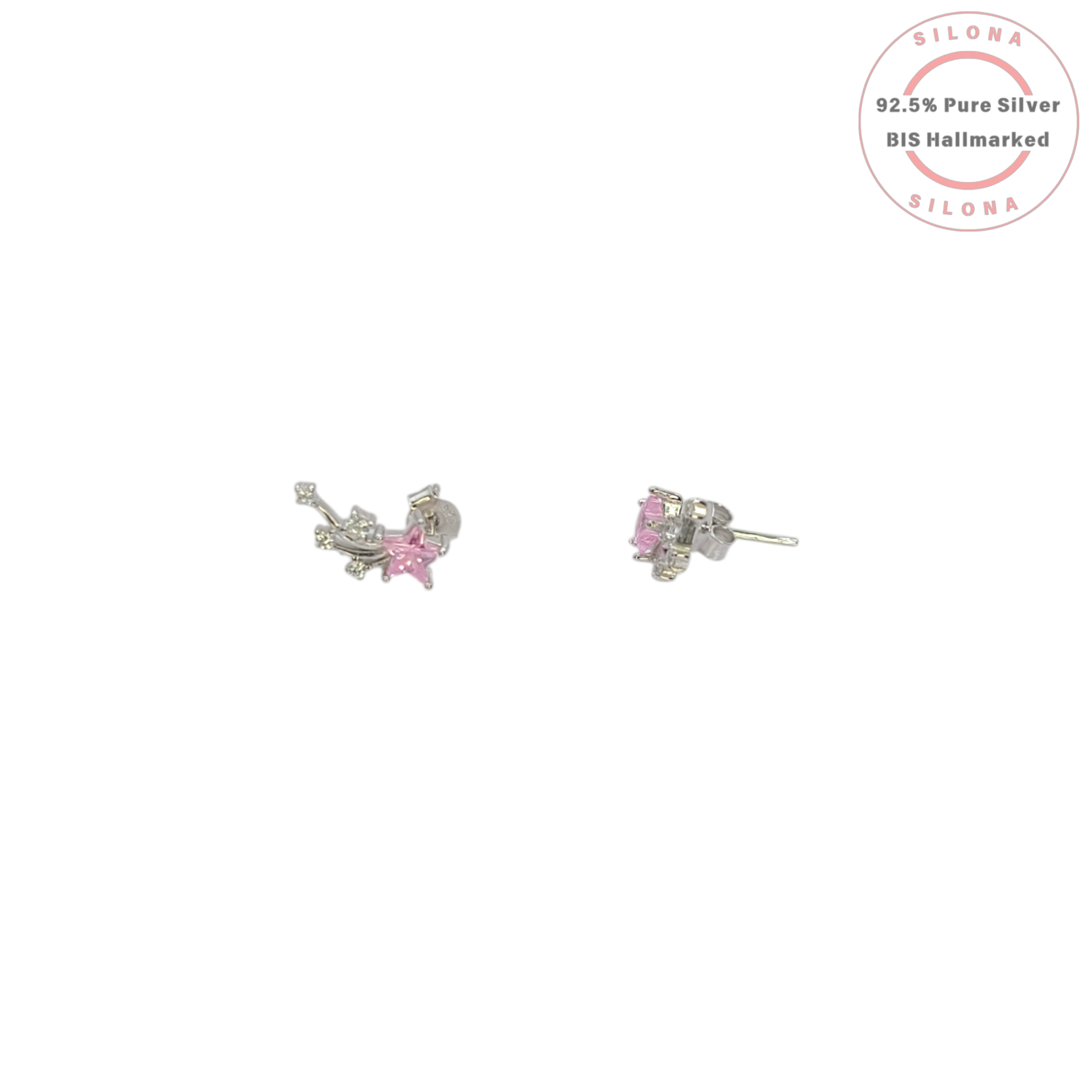 A pair of Cosmic Star Stud Earrings in 92.5 silver, featuring a primary pink star-shaped stone with a trail of smaller peridot-green and clear stones, on a white background.
