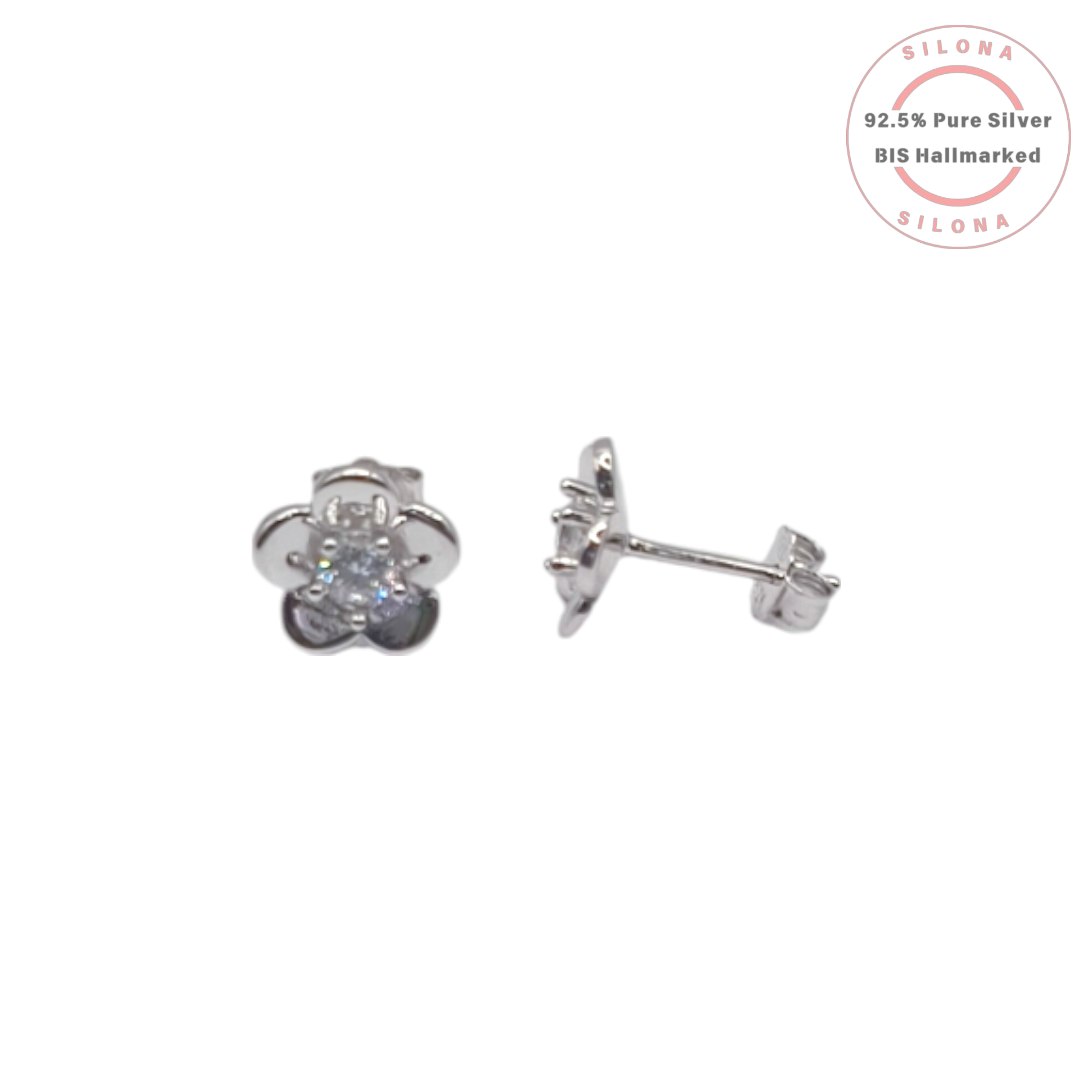 A pair of Silona's Dainty Floral Stud Earrings, crafted in polished 92.5 silver with a central cluster of clear Cubic Zirconia, shown on a white background with the Silona hallmark logo.