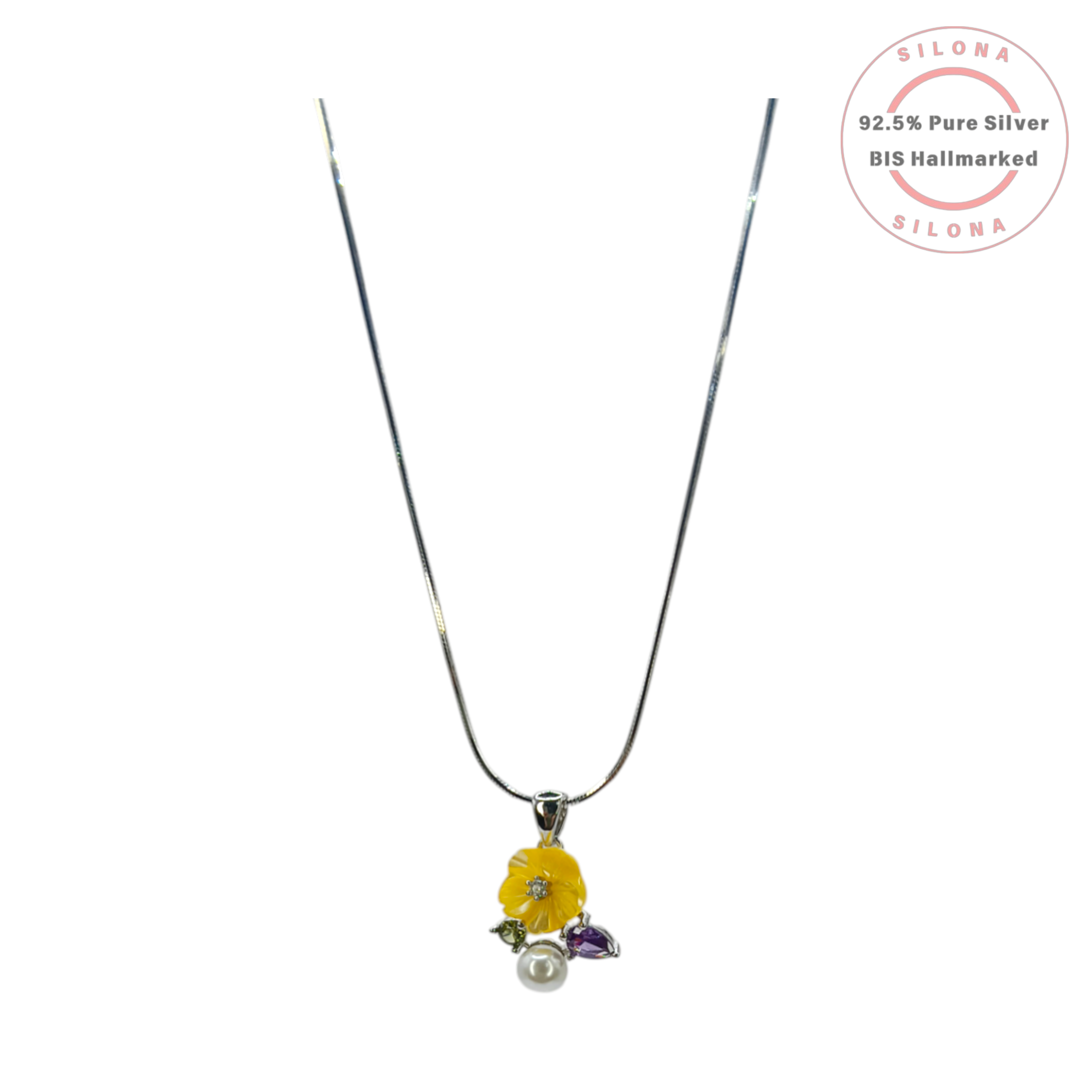 Silona Buttercup Floral Necklace and Earring Set in 92.5 silver. The set features a yellow enamel flower pendant with a pearl, purple and green stones, on a silver snake chain with matching stud earrings.