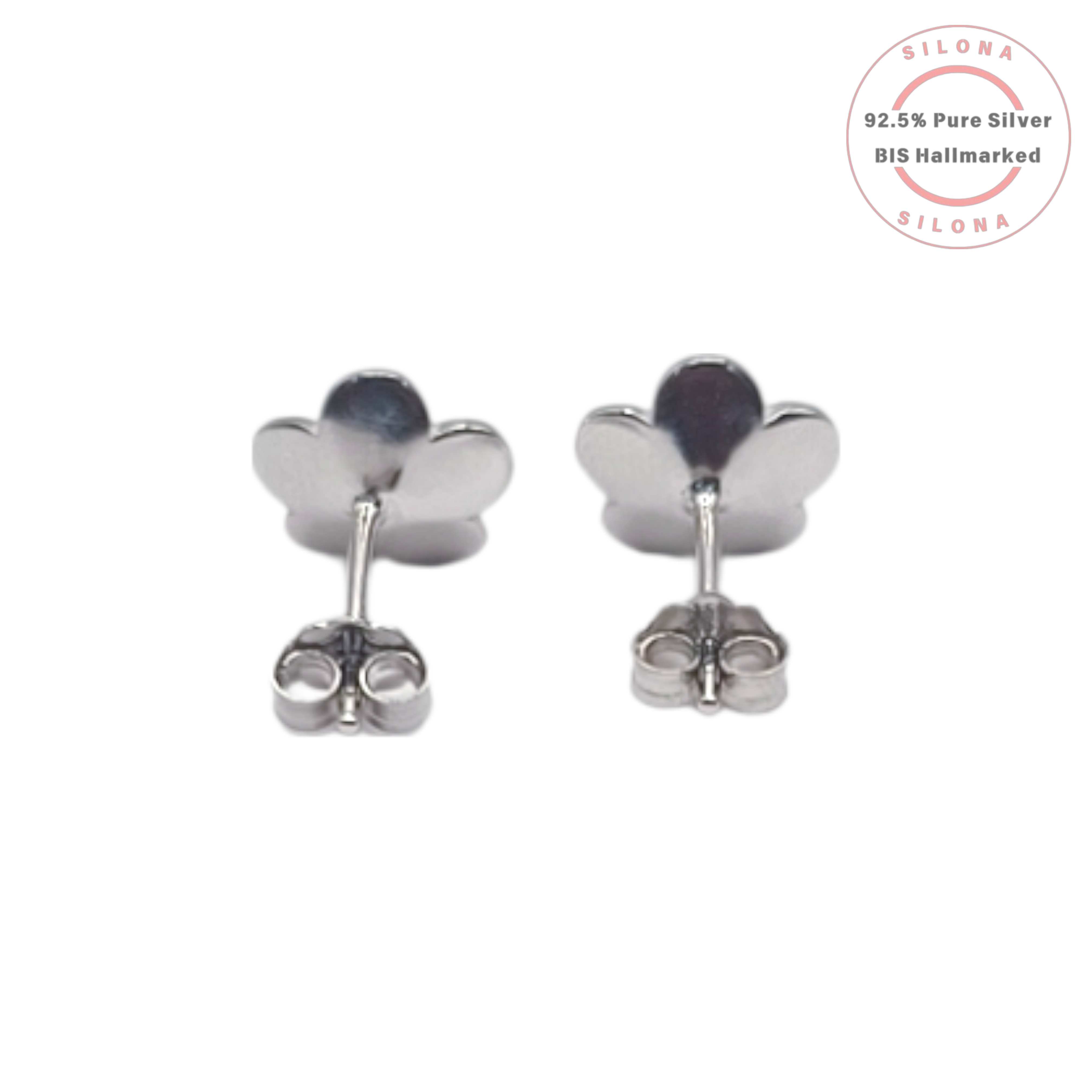 A pair of Silona's Dainty Floral Stud Earrings, crafted in polished 92.5 silver with a central cluster of clear Cubic Zirconia, shown on a white background with the Silona hallmark logo.