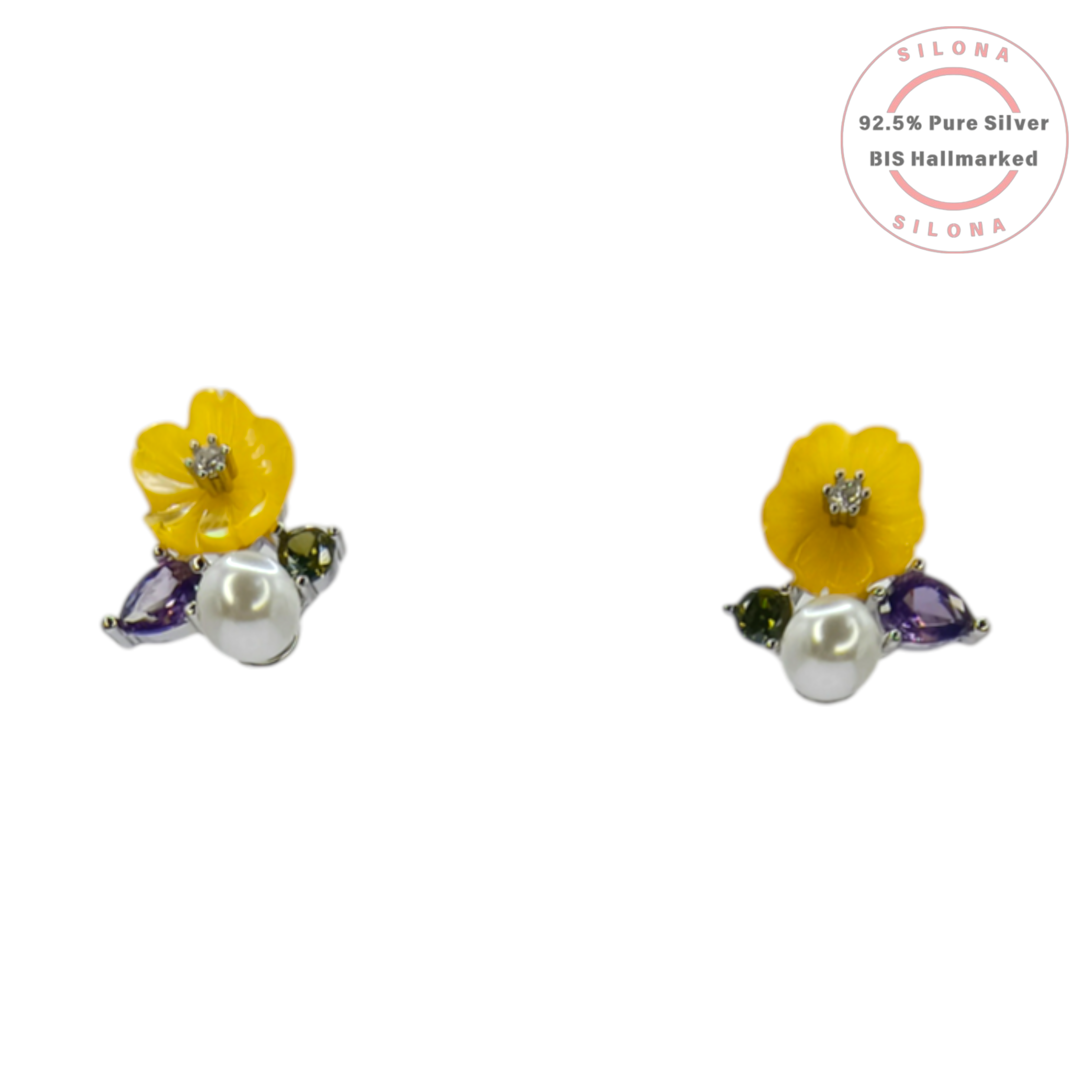 Silona Buttercup Floral Necklace and Earring Set in 92.5 silver. The set features a yellow enamel flower pendant with a pearl, purple and green stones, on a silver snake chain with matching stud earrings.
