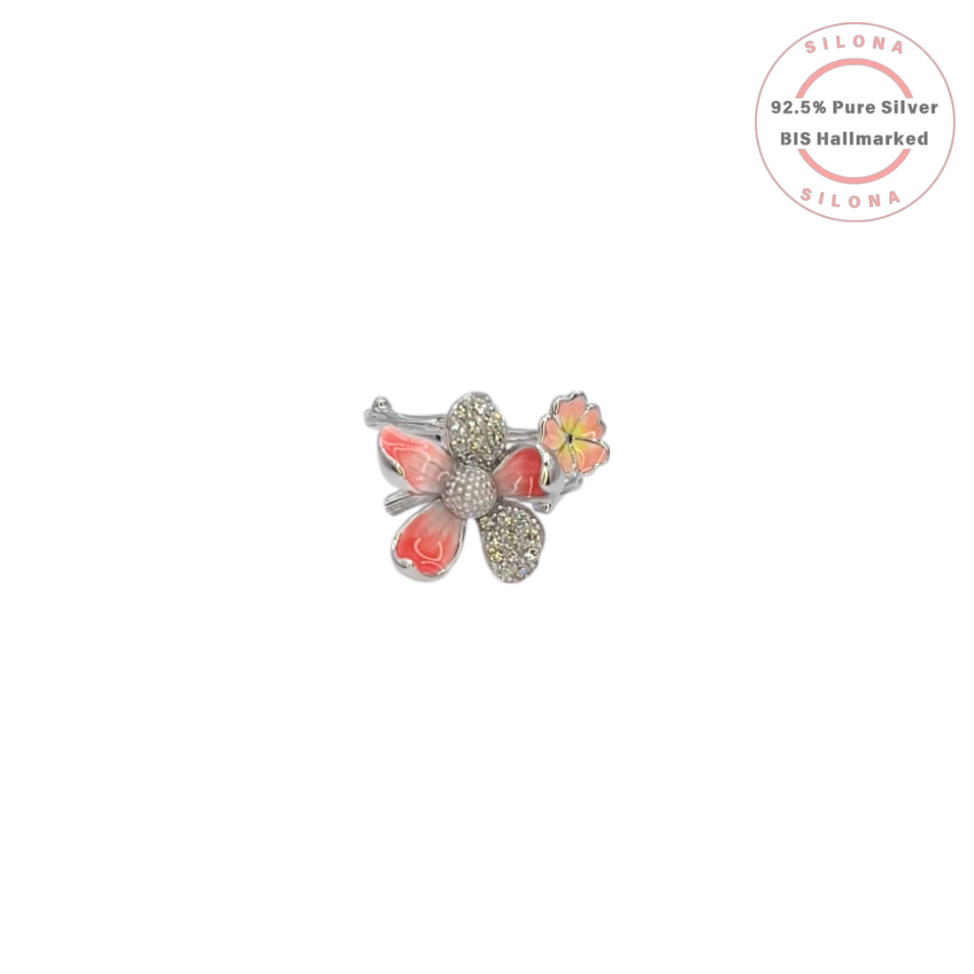Silona's Floral Cluster Ring in 92.5 silver, featuring coral and yellow enamel flowers with pavé-set cubic zirconia on a white background.