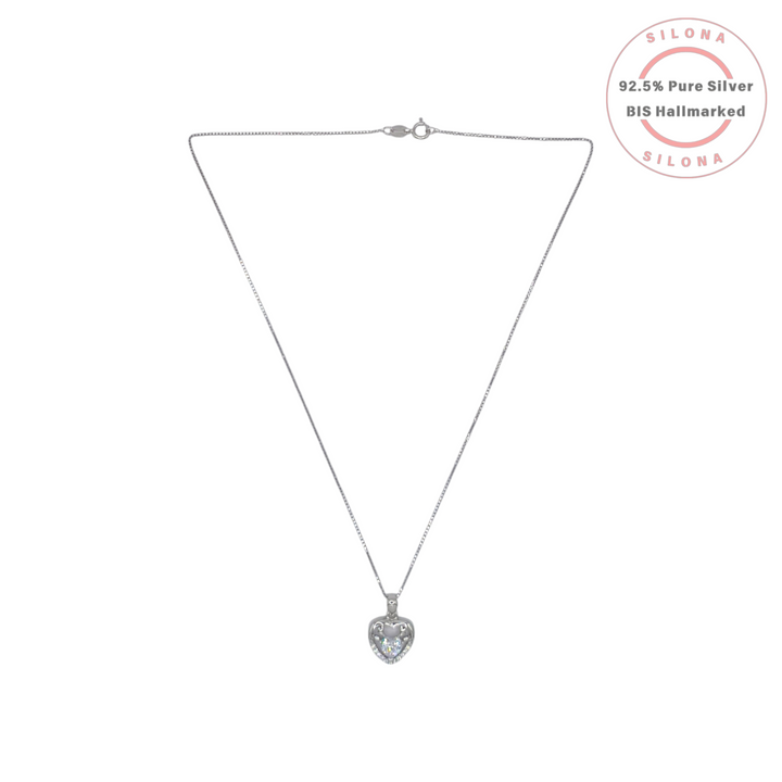 Silona Crown Heart Necklace in 92.5 silver, featuring a heart pendant with a central cubic zirconia and crown detail, on a white background.