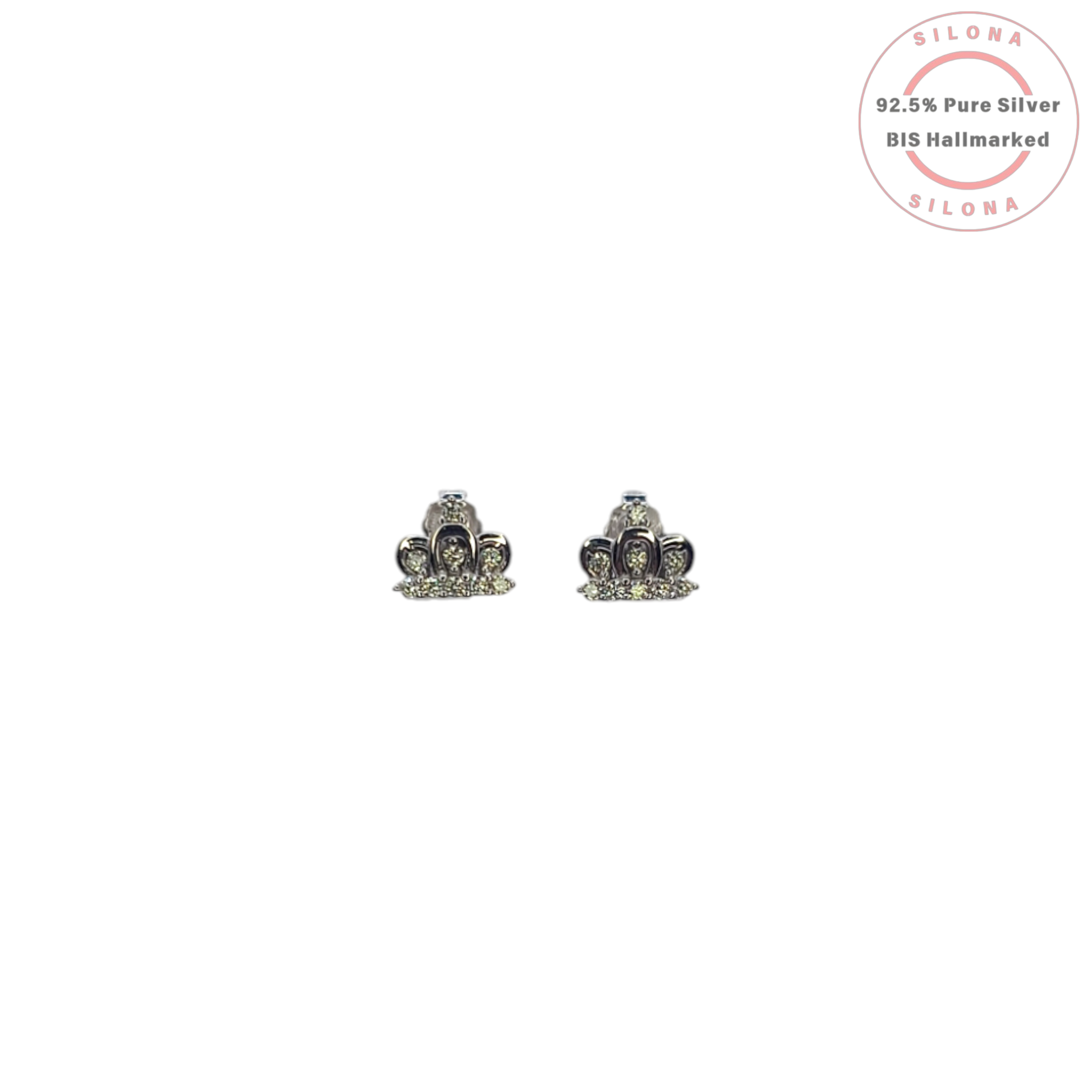 A pair of silver crown-shaped stud earrings with sparkling cubic zirconia on a white background.