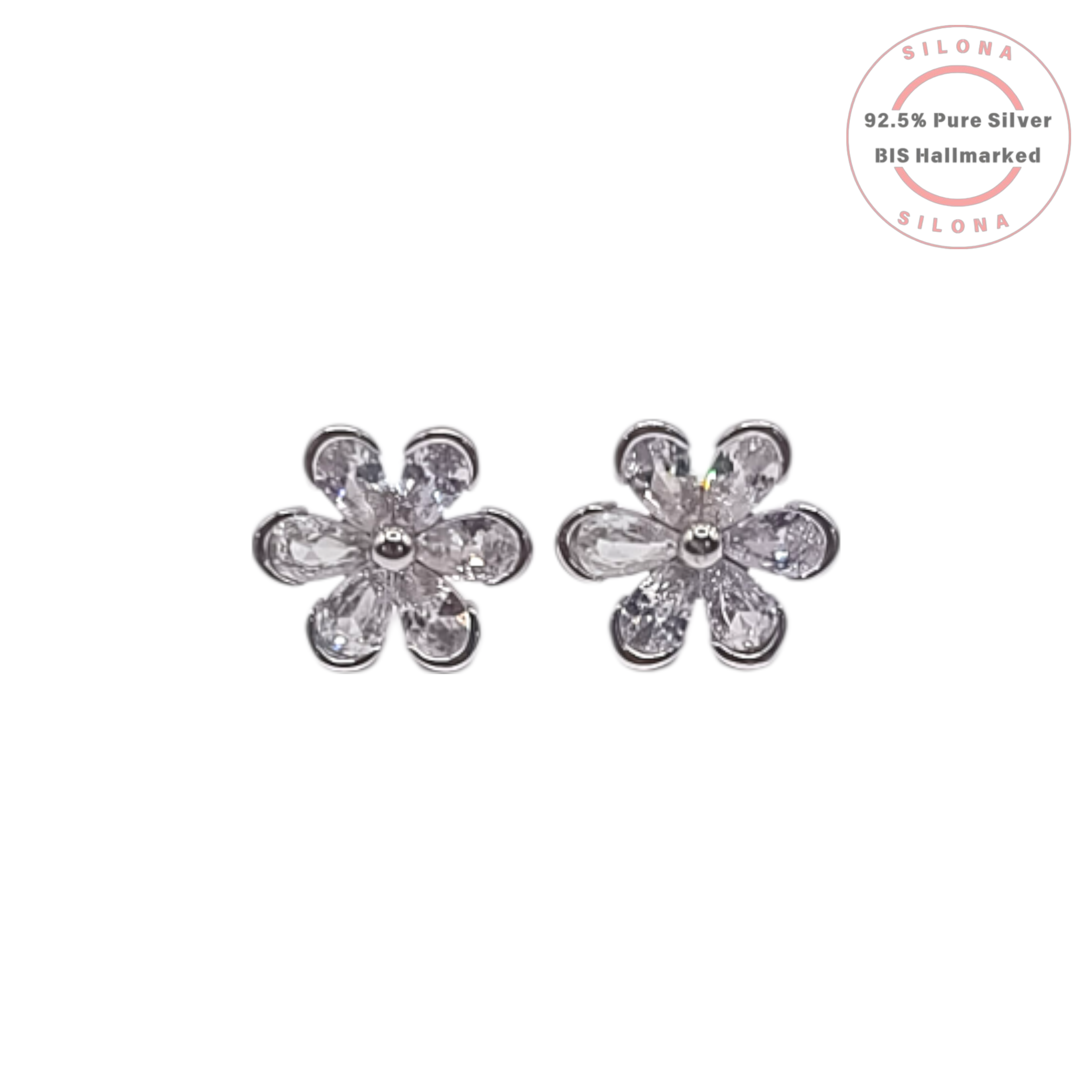 A pair of Silona's Sparkling Floral Stud Earrings in 92.5 silver, featuring six pear-shaped cubic zirconia petals around a central stone, on a white background.