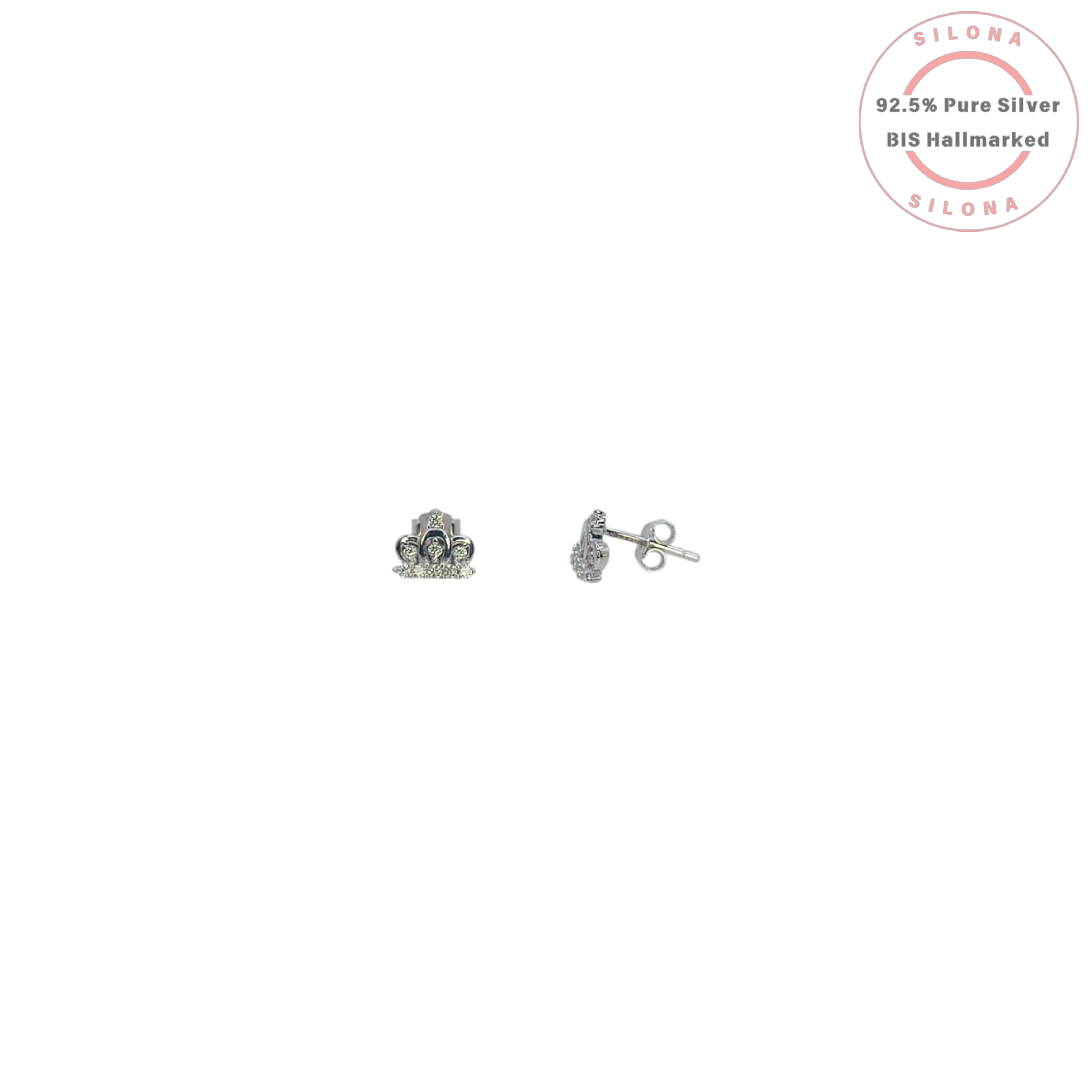 A pair of silver crown-shaped stud earrings with sparkling cubic zirconia on a white background.