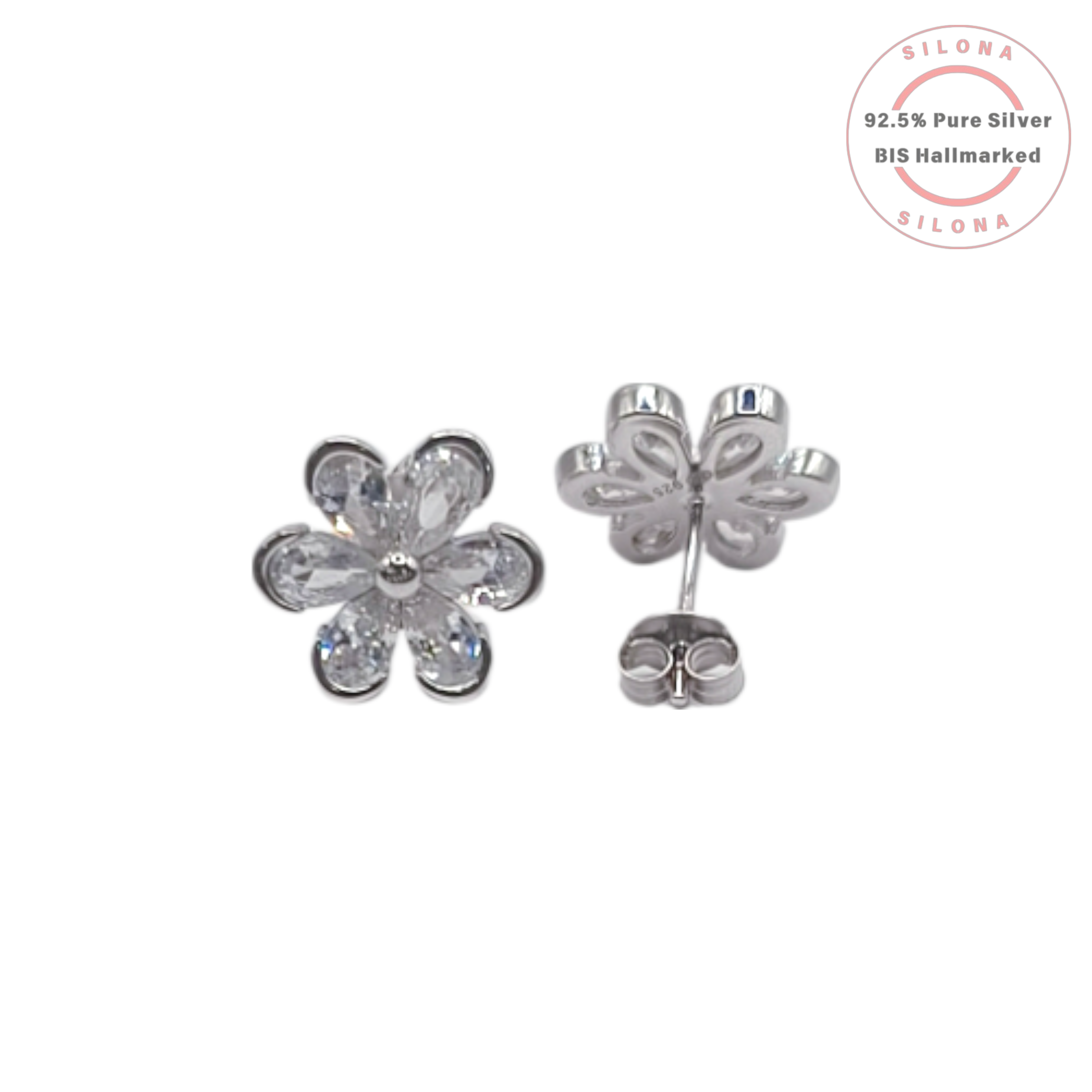 A pair of Silona's Sparkling Floral Stud Earrings in 92.5 silver, featuring six pear-shaped cubic zirconia petals around a central stone, on a white background.