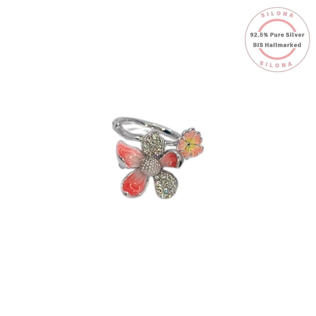 Silona's Floral Cluster Ring in 92.5 silver, featuring coral and yellow enamel flowers with pavé-set cubic zirconia on a white background.