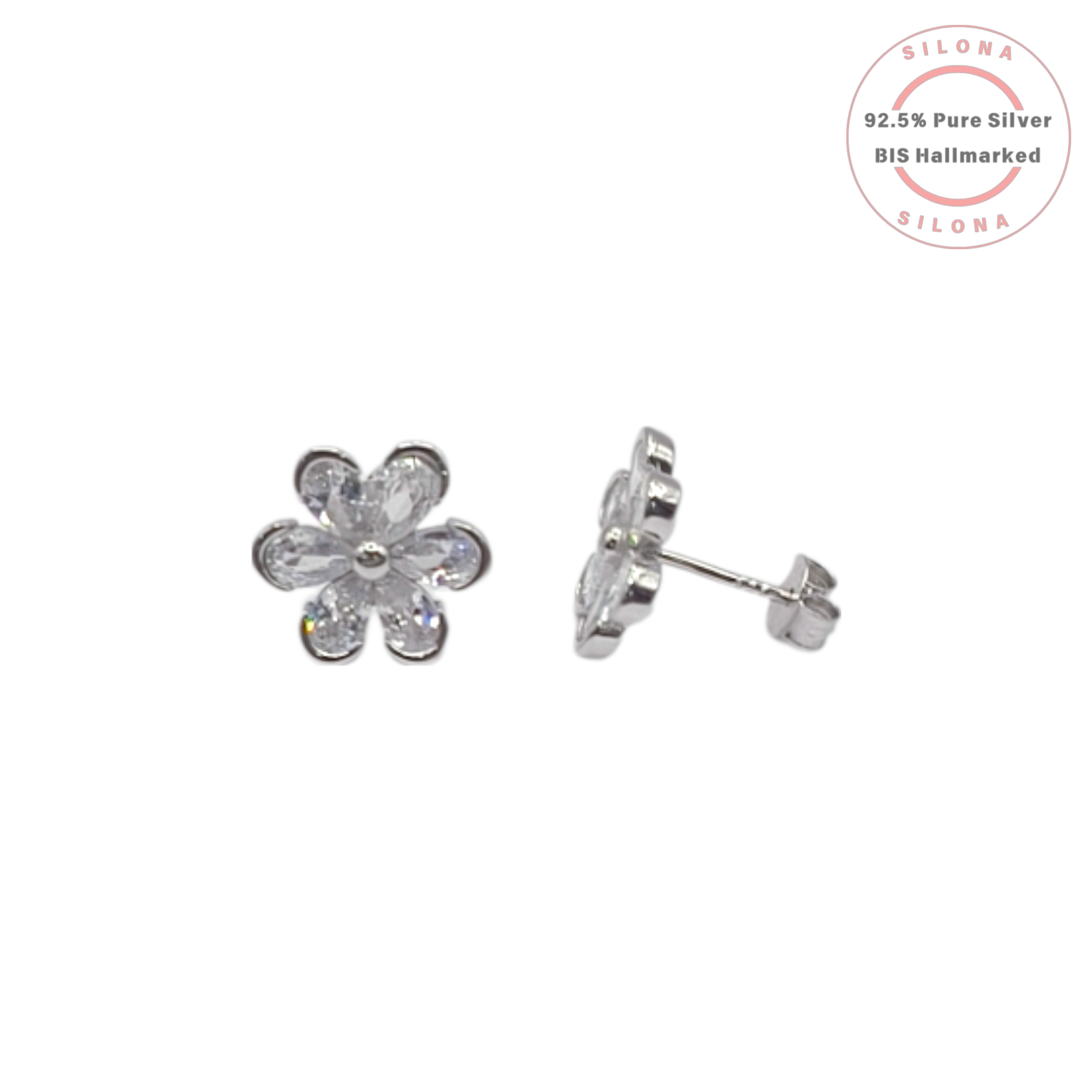 A pair of Silona's Sparkling Floral Stud Earrings in 92.5 silver, featuring six pear-shaped cubic zirconia petals around a central stone, on a white background.