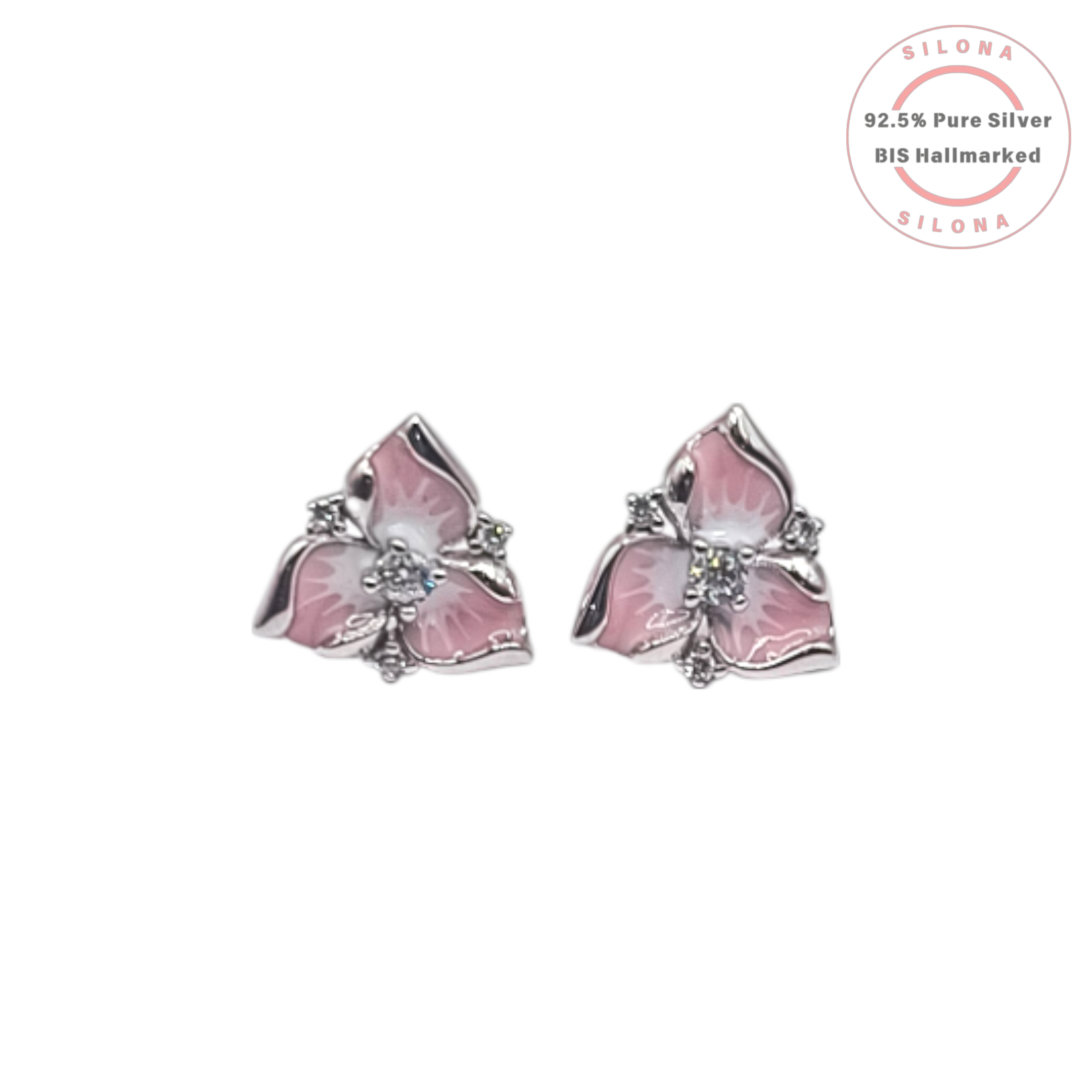 A pair of Blushing Orchid Stud Earrings in 92.5 silver, featuring delicate pink and white enamel petals and sparkling cubic zirconia stones, on a white background.