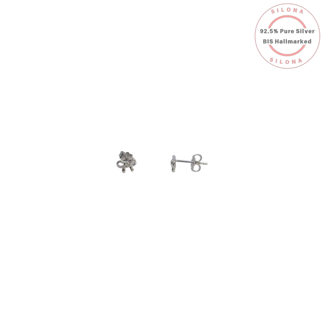 A pair of Dainty Bow Stud Earrings in 92.5 silver with a central cubic zirconia, shown with their butterfly backs on a white background.