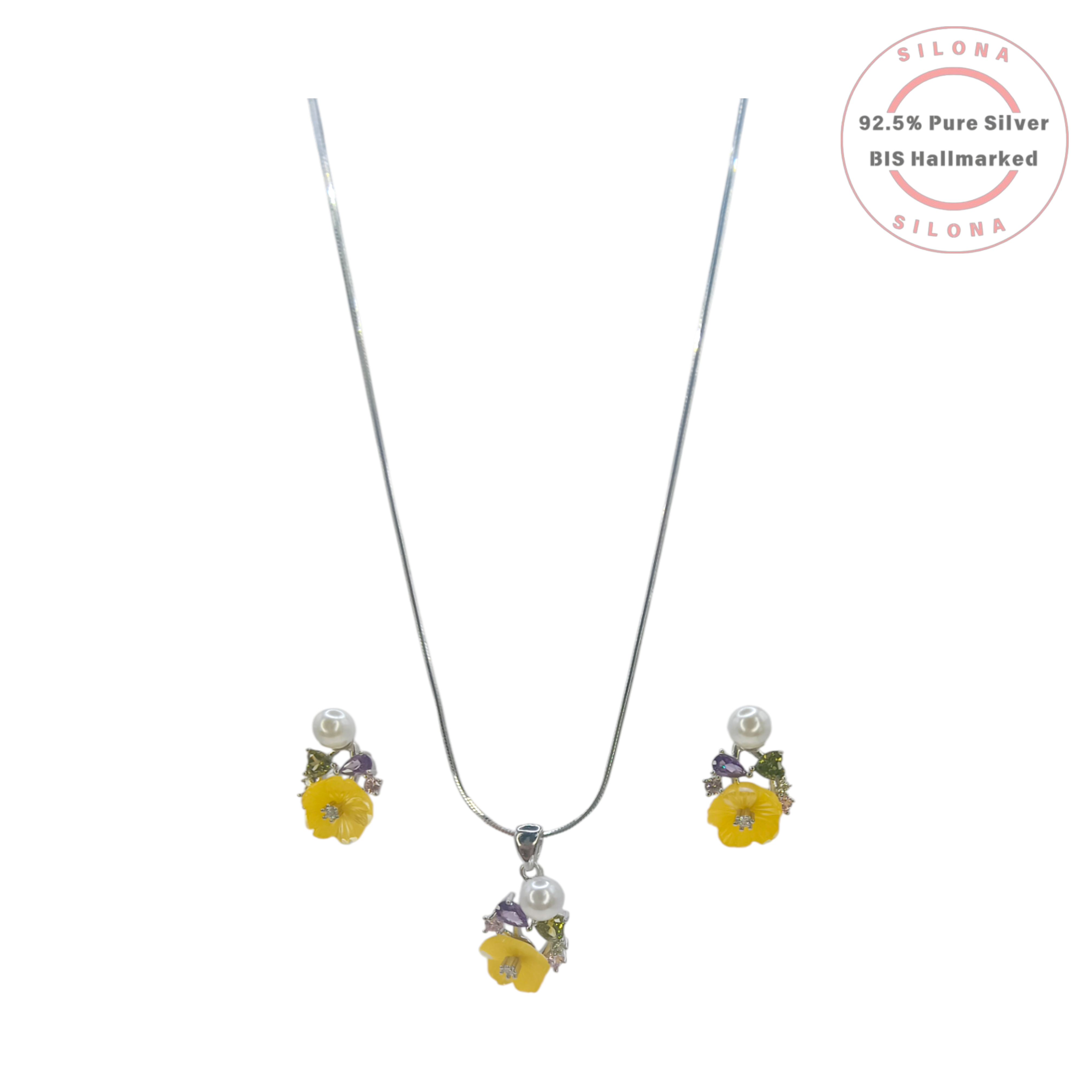 Silona necklace and earring set in 92.5 silver, featuring a carved yellow flower pendant with a pearl and multi-color stones, with matching stud earrings.