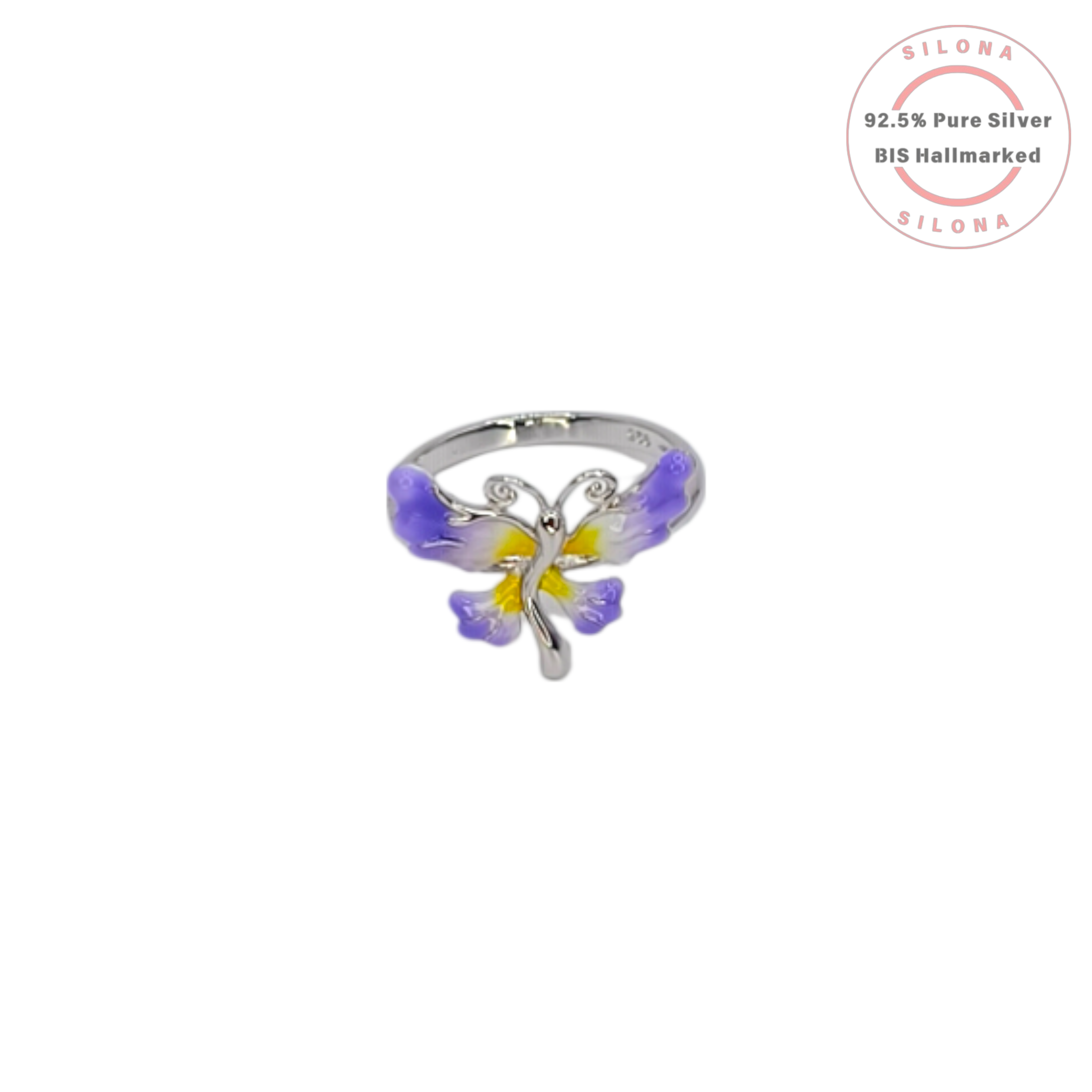 Silona's Vivid Enamel Butterfly Ring in 92.5 silver, featuring lavender and yellow enamel on the butterfly wings, shown on a white background.