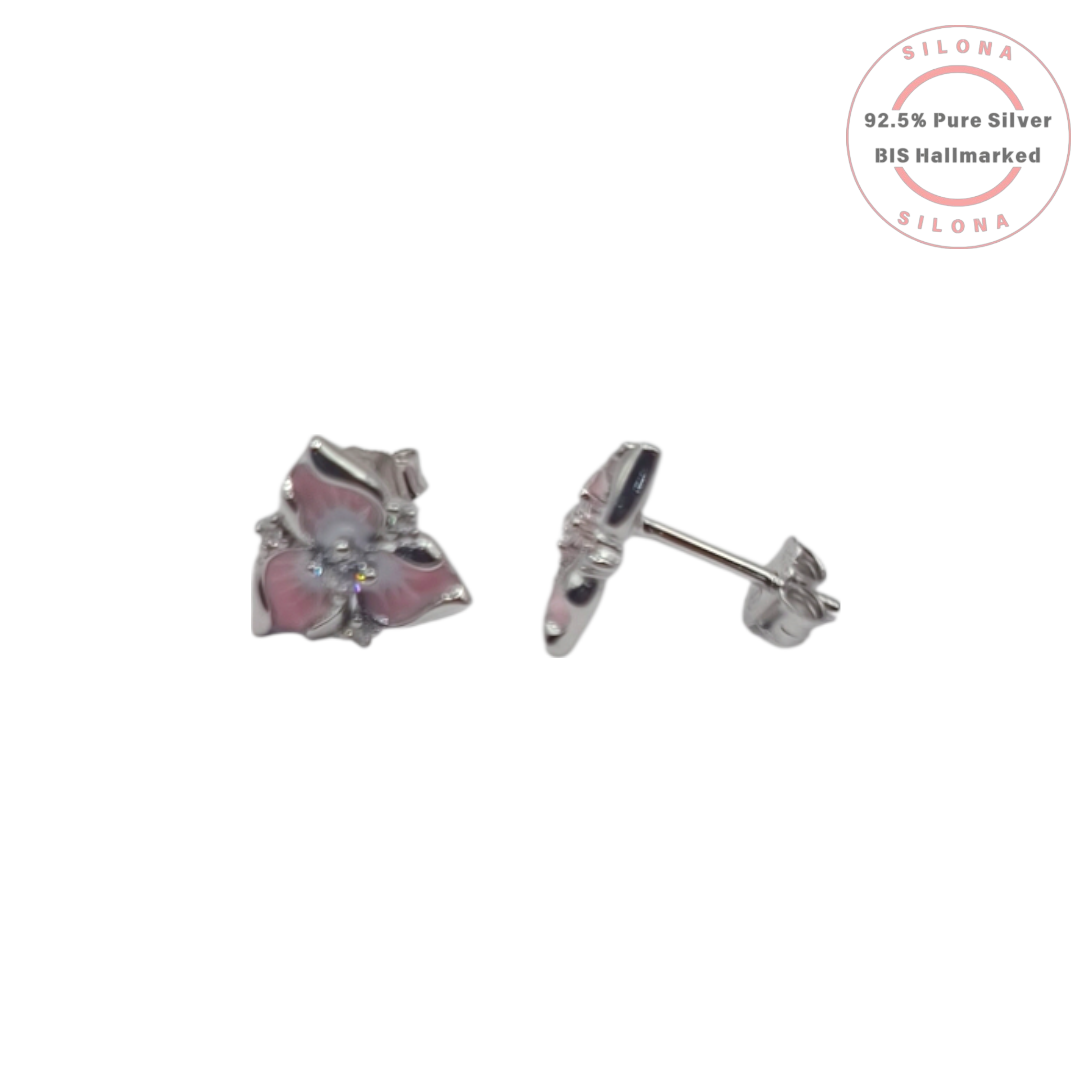 A pair of Blushing Orchid Stud Earrings in 92.5 silver, featuring delicate pink and white enamel petals and sparkling cubic zirconia stones, on a white background.