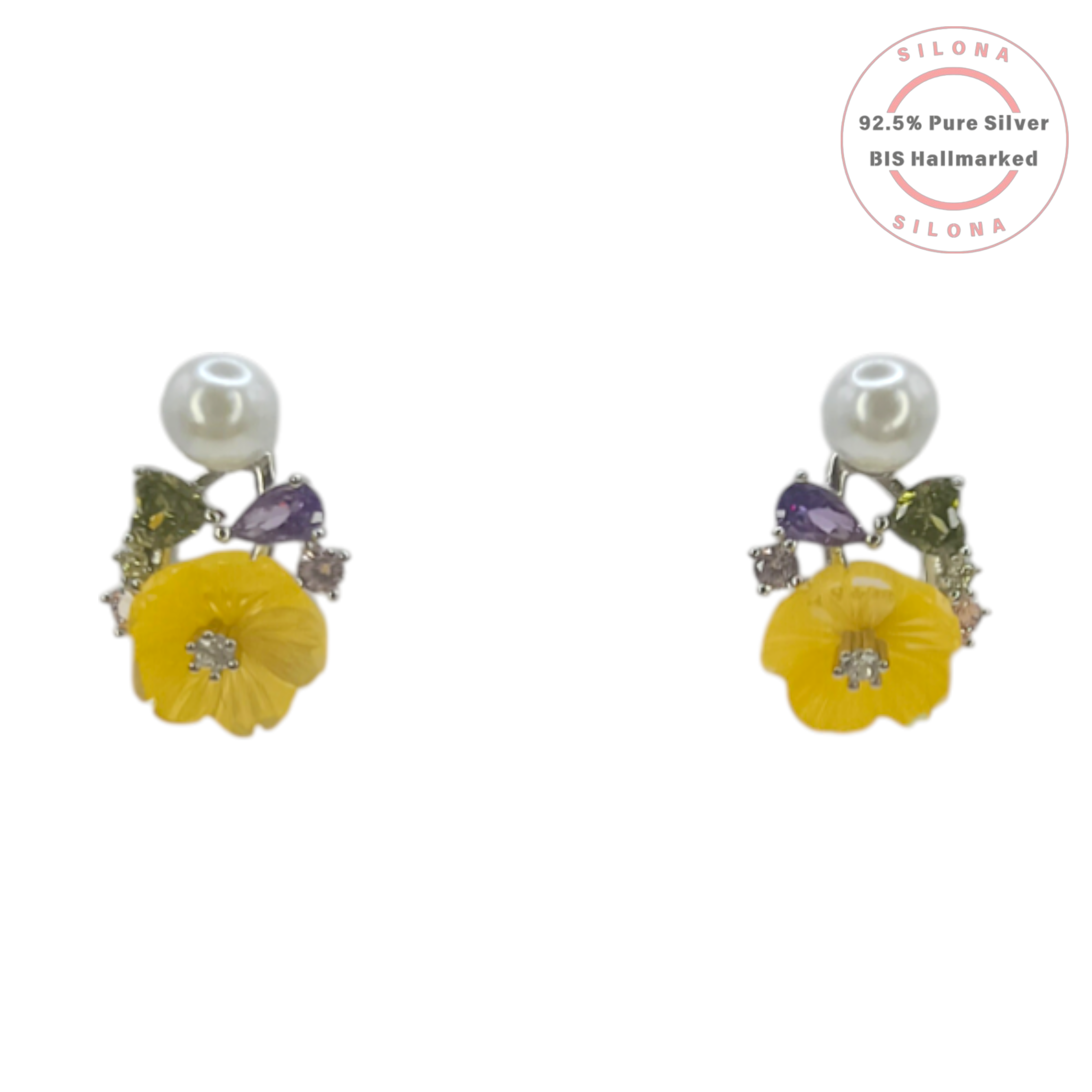 Silona necklace and earring set in 92.5 silver, featuring a carved yellow flower pendant with a pearl and multi-color stones, with matching stud earrings.