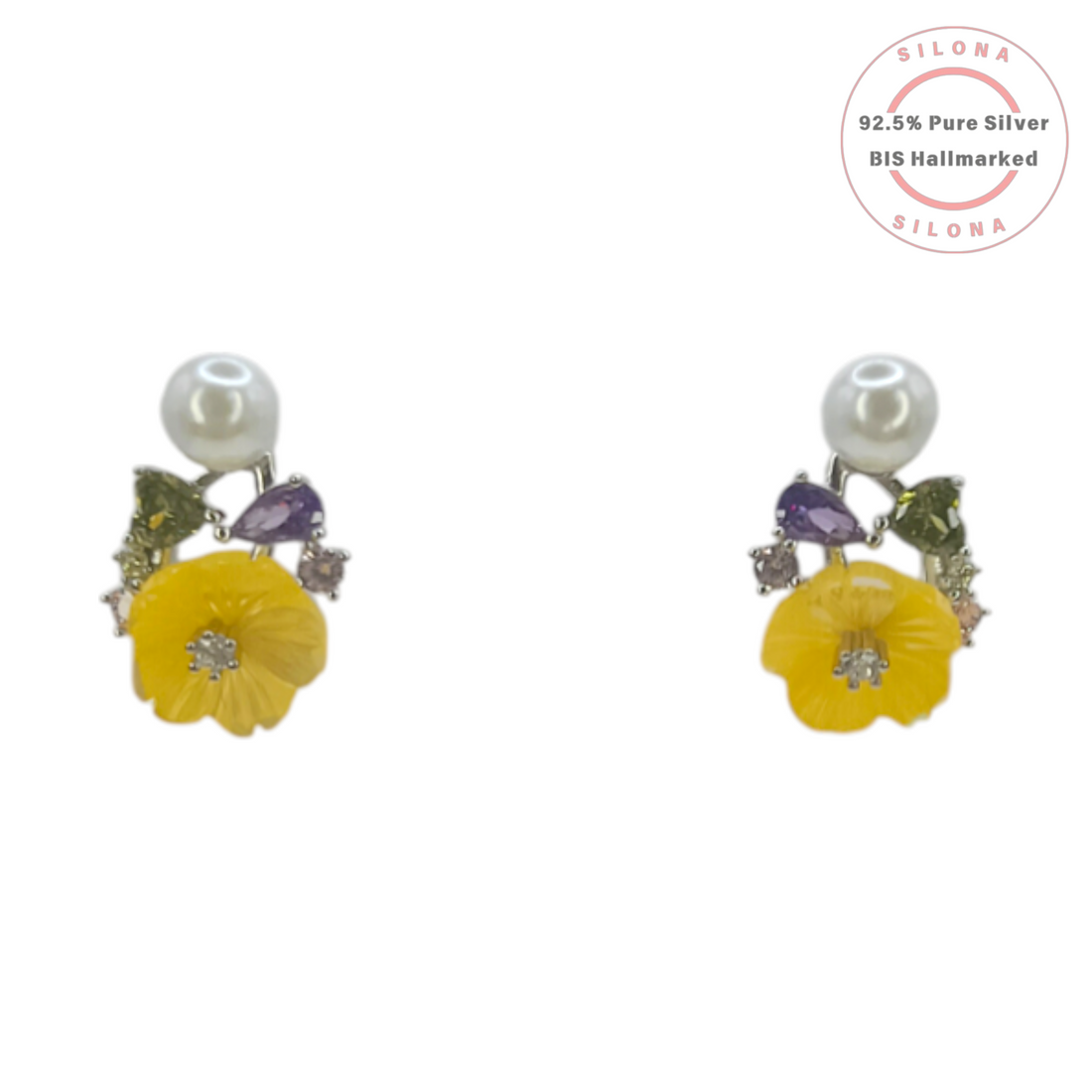 Silona necklace and earring set in 92.5 silver, featuring a carved yellow flower pendant with a pearl and multi-color stones, with matching stud earrings.