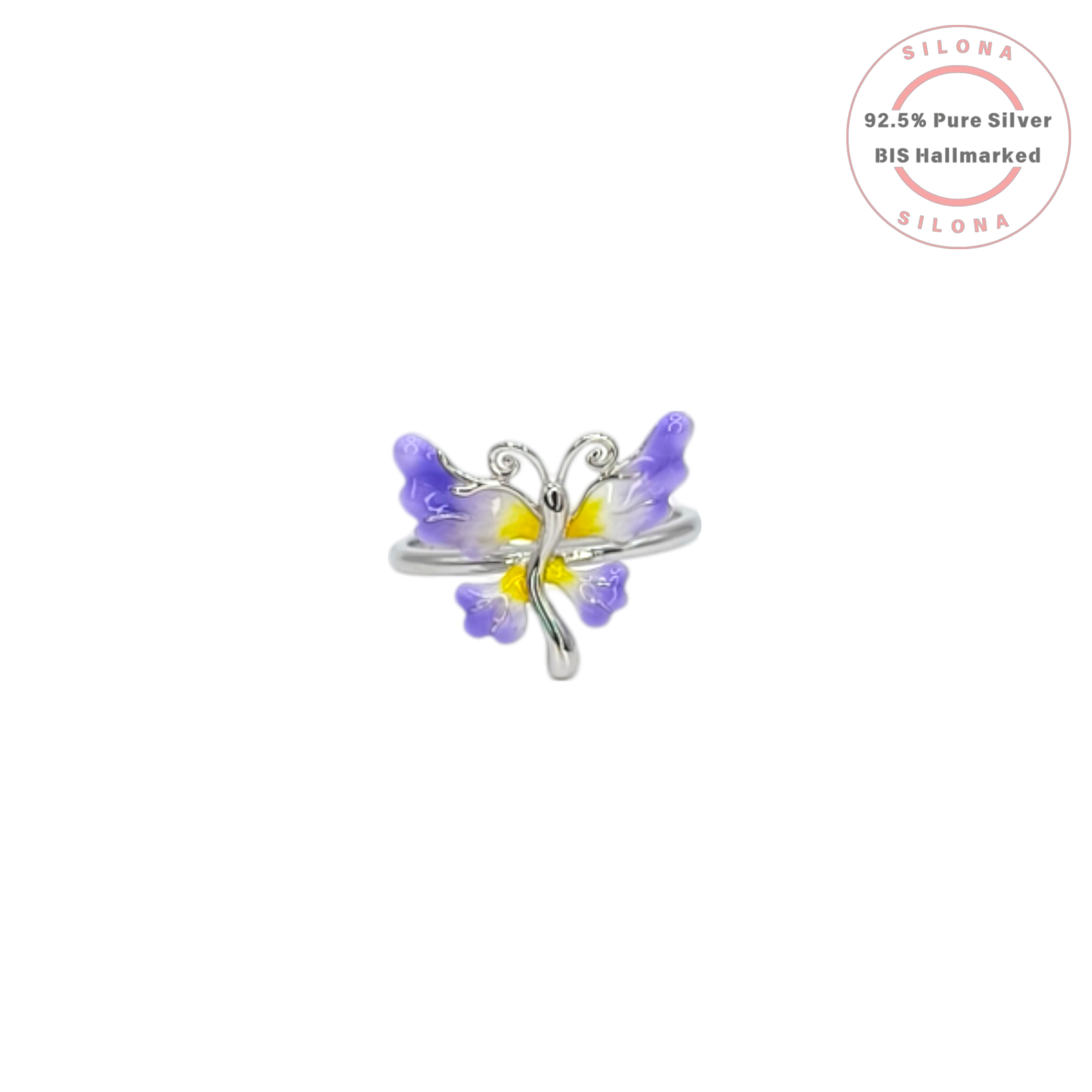 Silona's Vivid Enamel Butterfly Ring in 92.5 silver, featuring lavender and yellow enamel on the butterfly wings, shown on a white background.