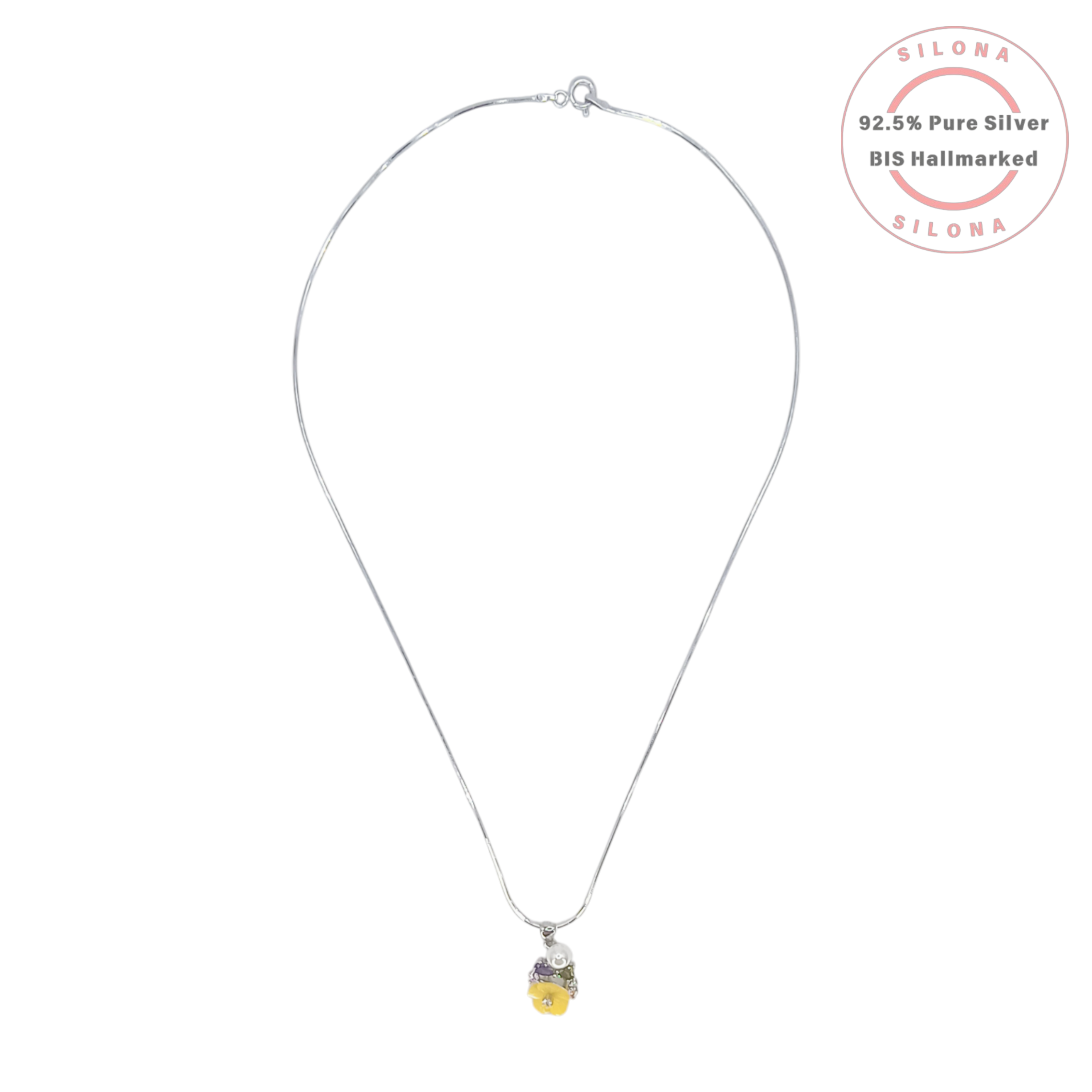 Silona necklace and earring set in 92.5 silver, featuring a carved yellow flower pendant with a pearl and multi-color stones, with matching stud earrings.