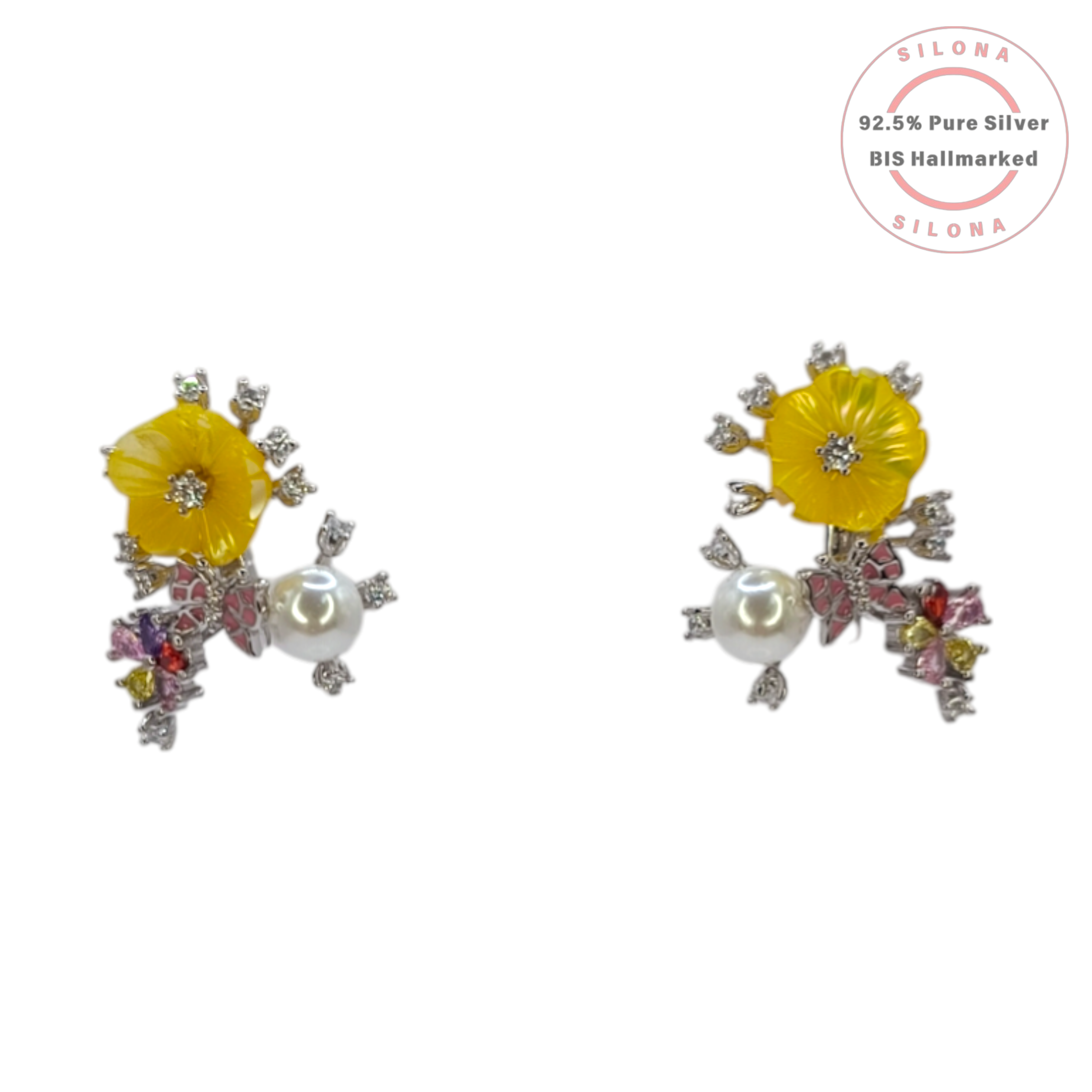 Silona's Artisanal Floral Necklace and Earring Set featuring a yellow flower, white pearl, and multi-color cubic zirconia in 92.5 pure silver.