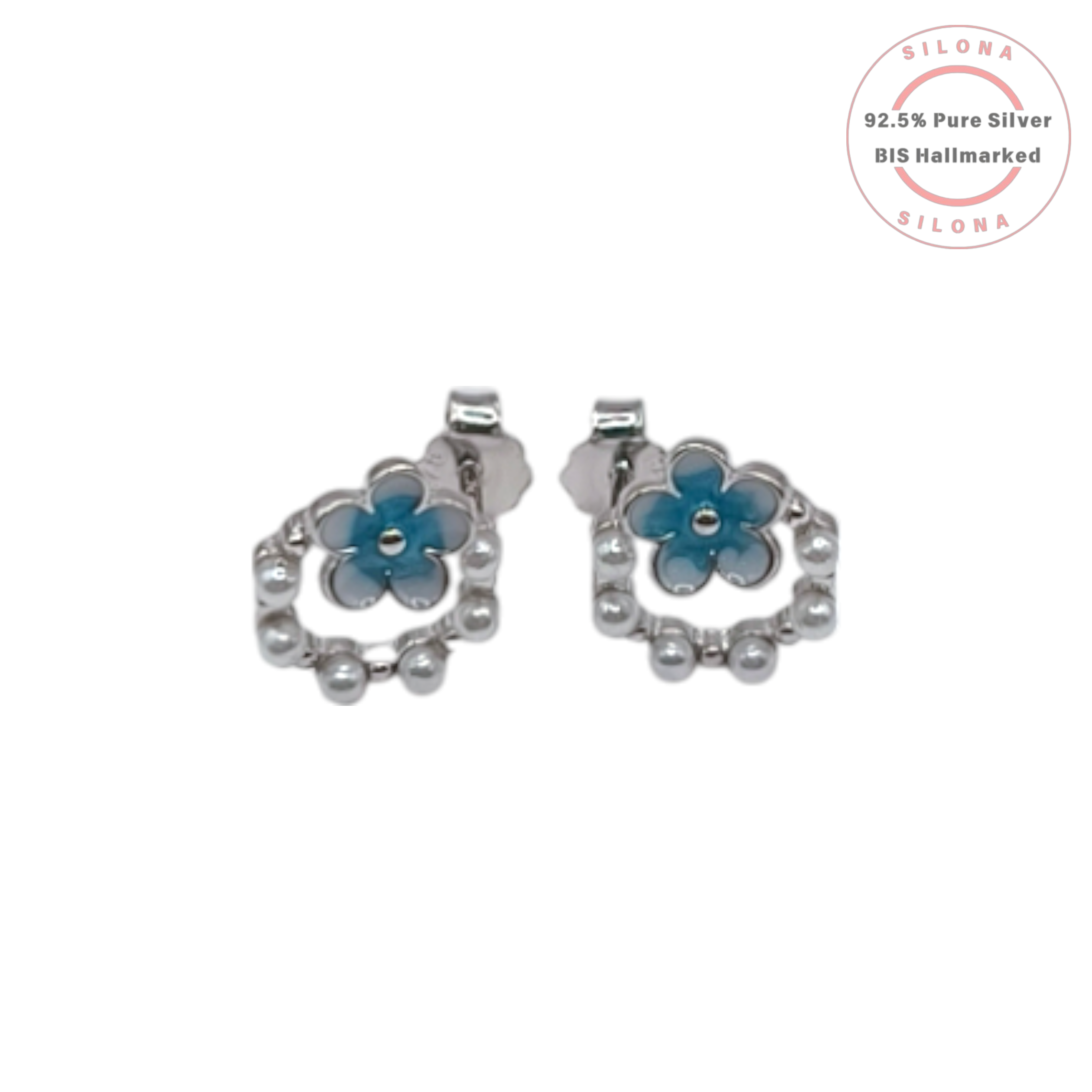 A pair of Silona's Dainty Blue Flower Pearl Stud Earrings in 92.5 silver, shown on a white background.
