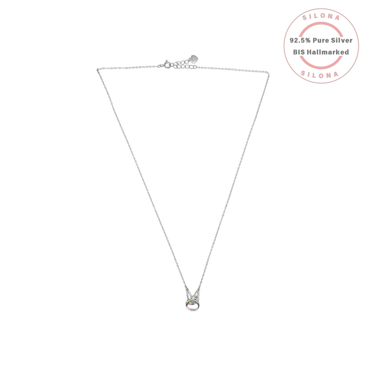 Silona Playful Bunny Rabbit Necklace in 92.5 sterling silver with multicolored stones, on a white background.