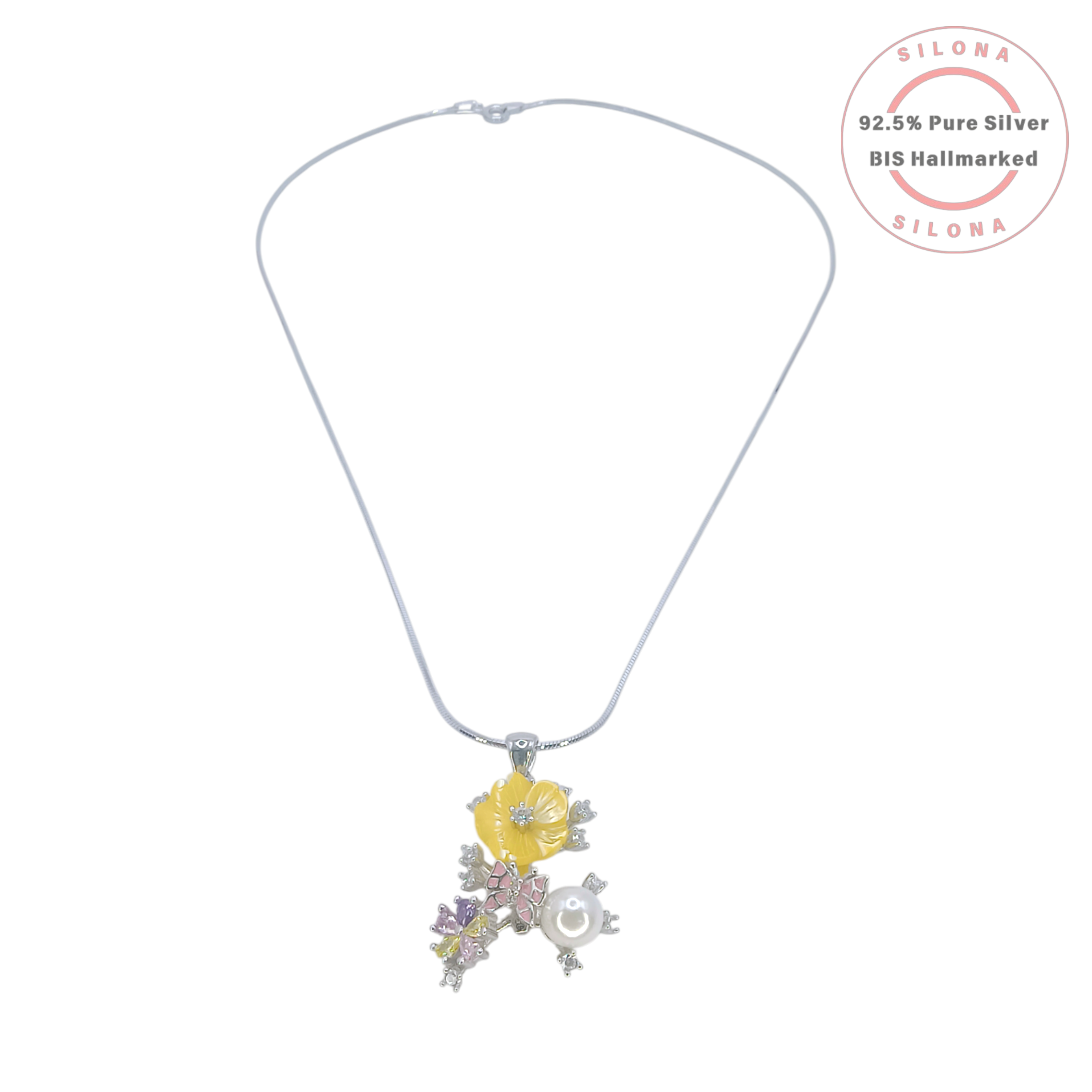 Silona's Artisanal Floral Necklace and Earring Set featuring a yellow flower, white pearl, and multi-color cubic zirconia in 92.5 pure silver.