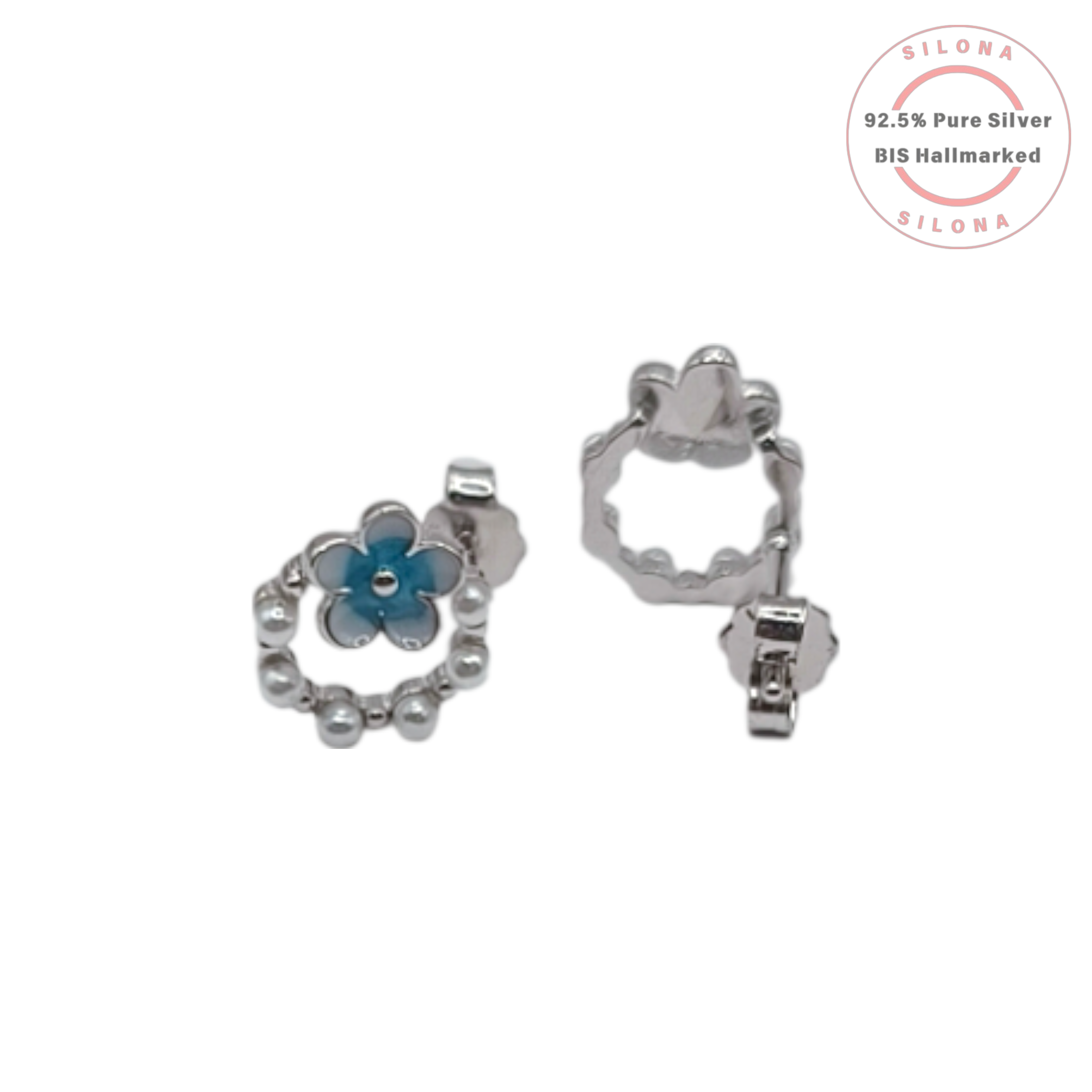 A pair of Silona's Dainty Blue Flower Pearl Stud Earrings in 92.5 silver, shown on a white background.