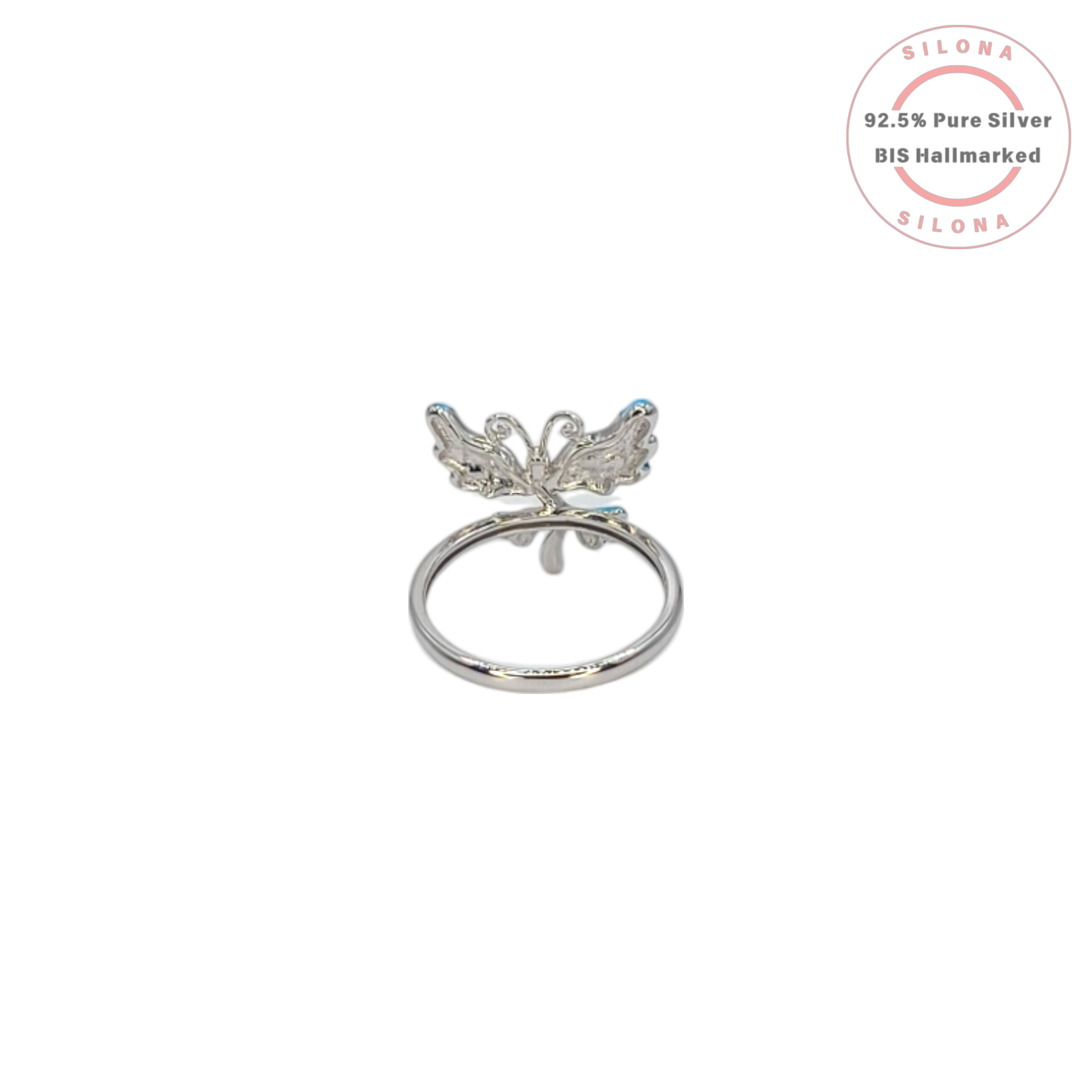 Silona Pastel Bloom Ring in 92.5 silver, featuring a flower design with light blue enamel petals and a central yellow cubic zirconia stone, on a white background.