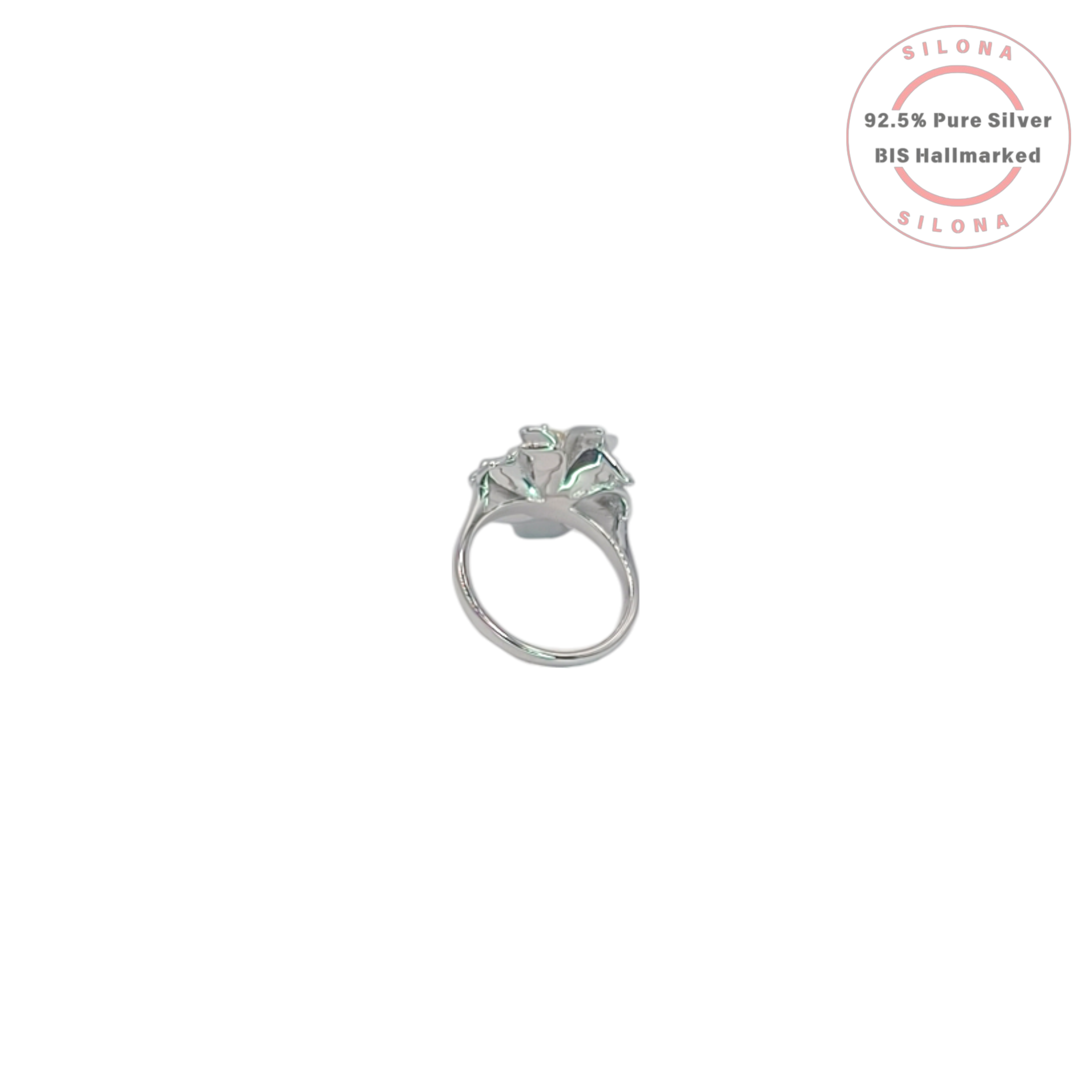 Silona Pastel Bloom Ring in 92.5 silver, featuring a flower design with light blue enamel petals and a central yellow cubic zirconia stone, on a white background.