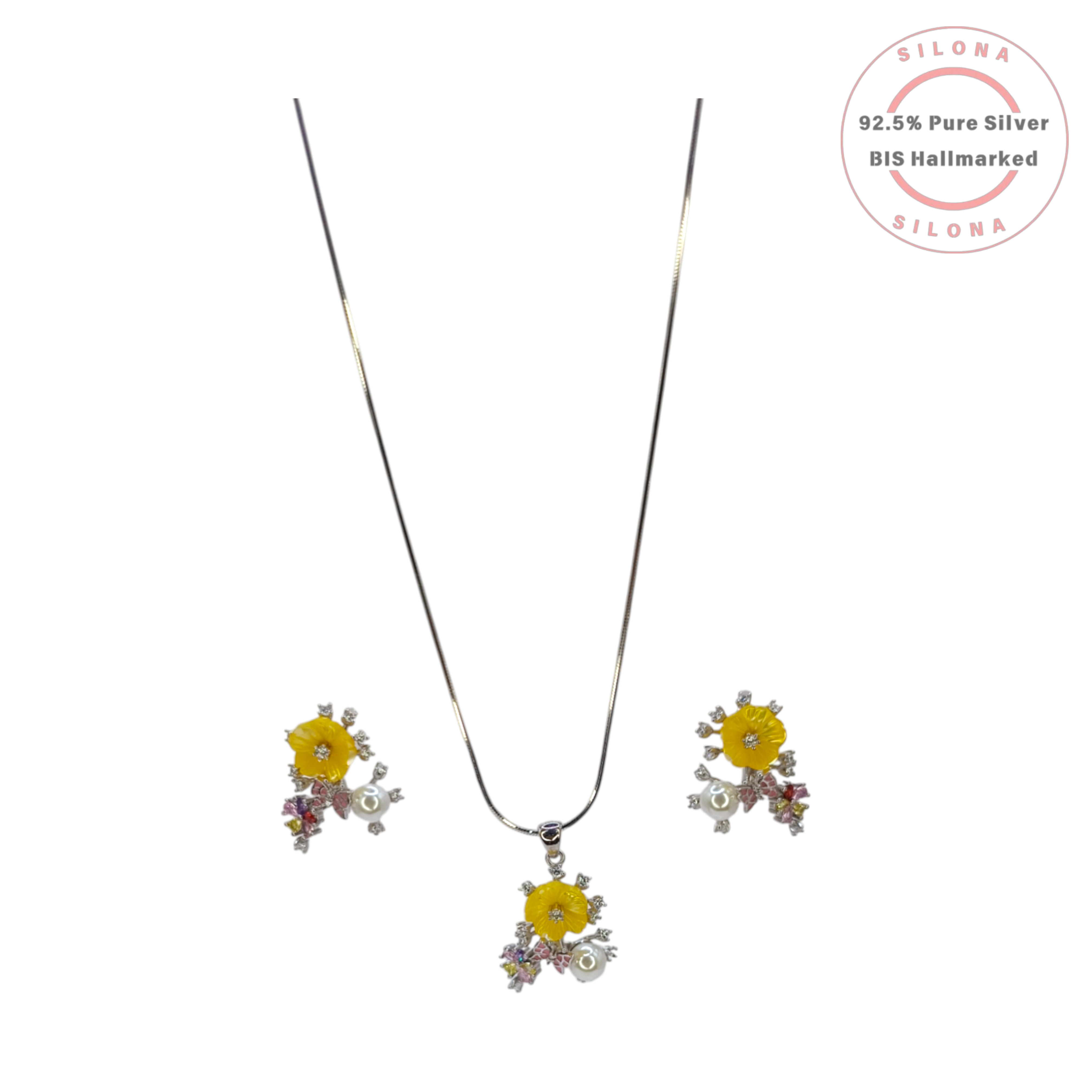 Silona's Artisanal Floral Necklace and Earring Set featuring a yellow flower, white pearl, and multi-color cubic zirconia in 92.5 pure silver.