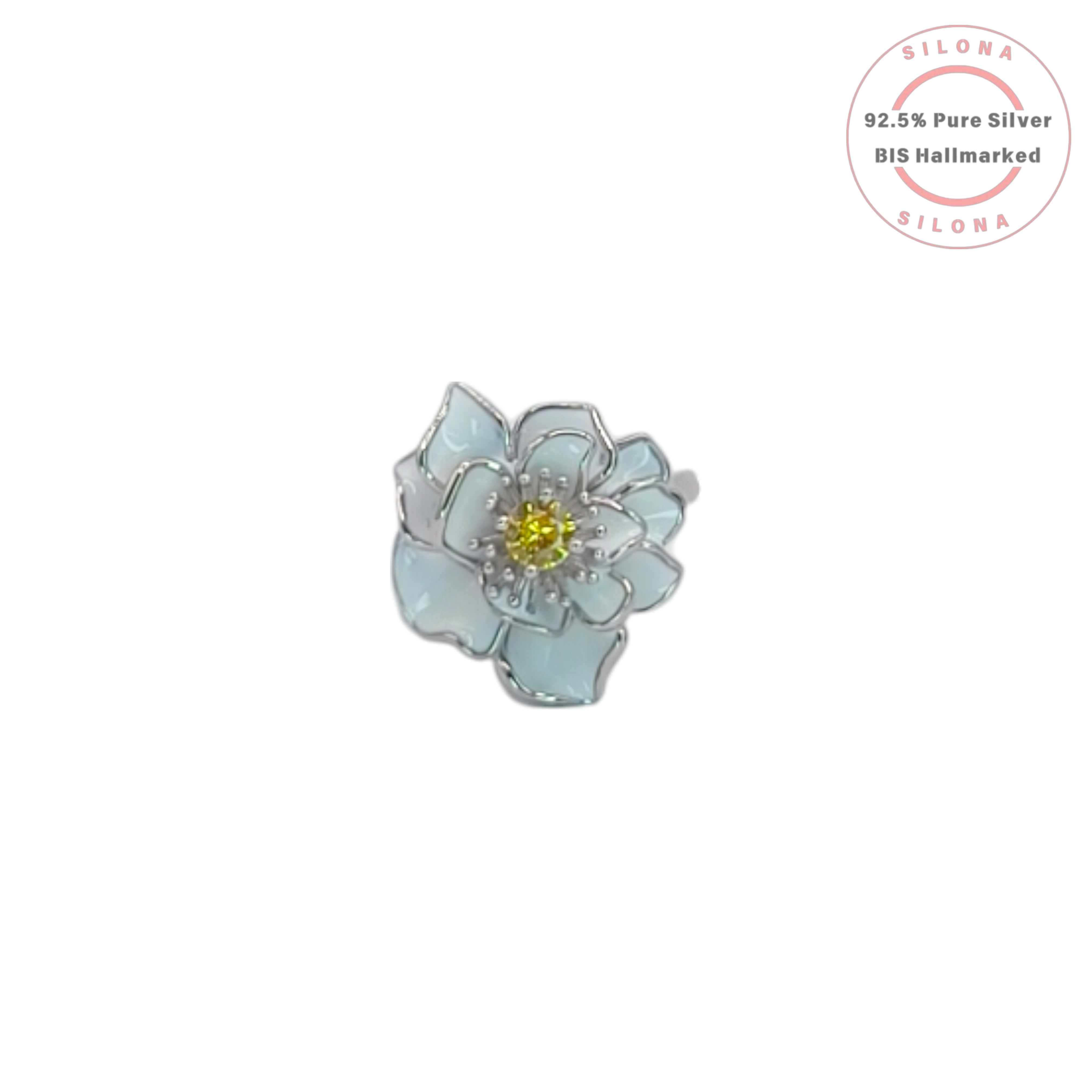 Silona Pastel Bloom Ring in 92.5 silver, featuring a flower design with light blue enamel petals and a central yellow cubic zirconia stone, on a white background.