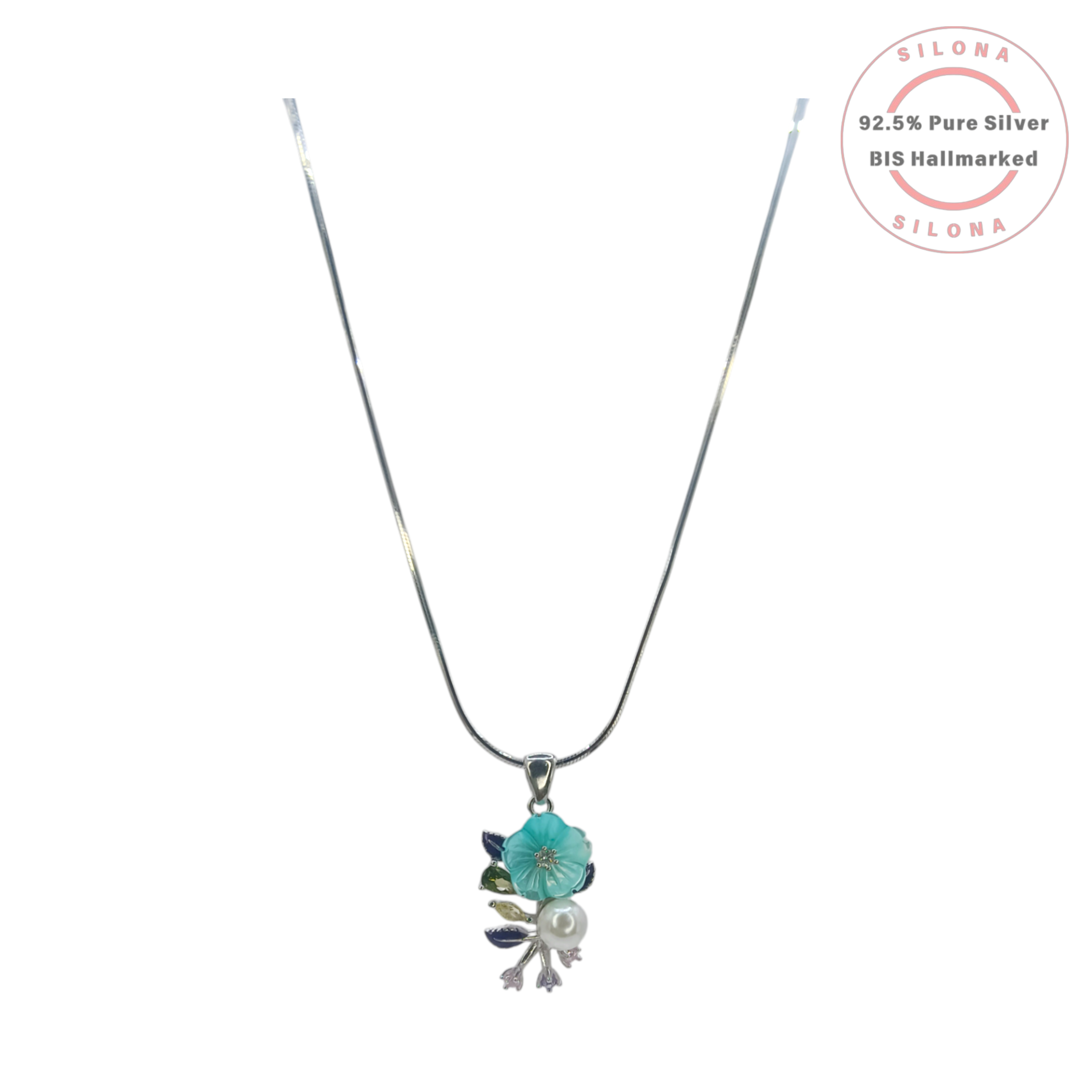 Silona Floral Necklace Set in 92.5 Silver, featuring a turquoise enamel flower pendant with a pearl and a silver snake chain.