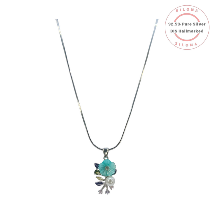 Silona Floral Necklace Set in 92.5 Silver, featuring a turquoise enamel flower pendant with a pearl and a silver snake chain.