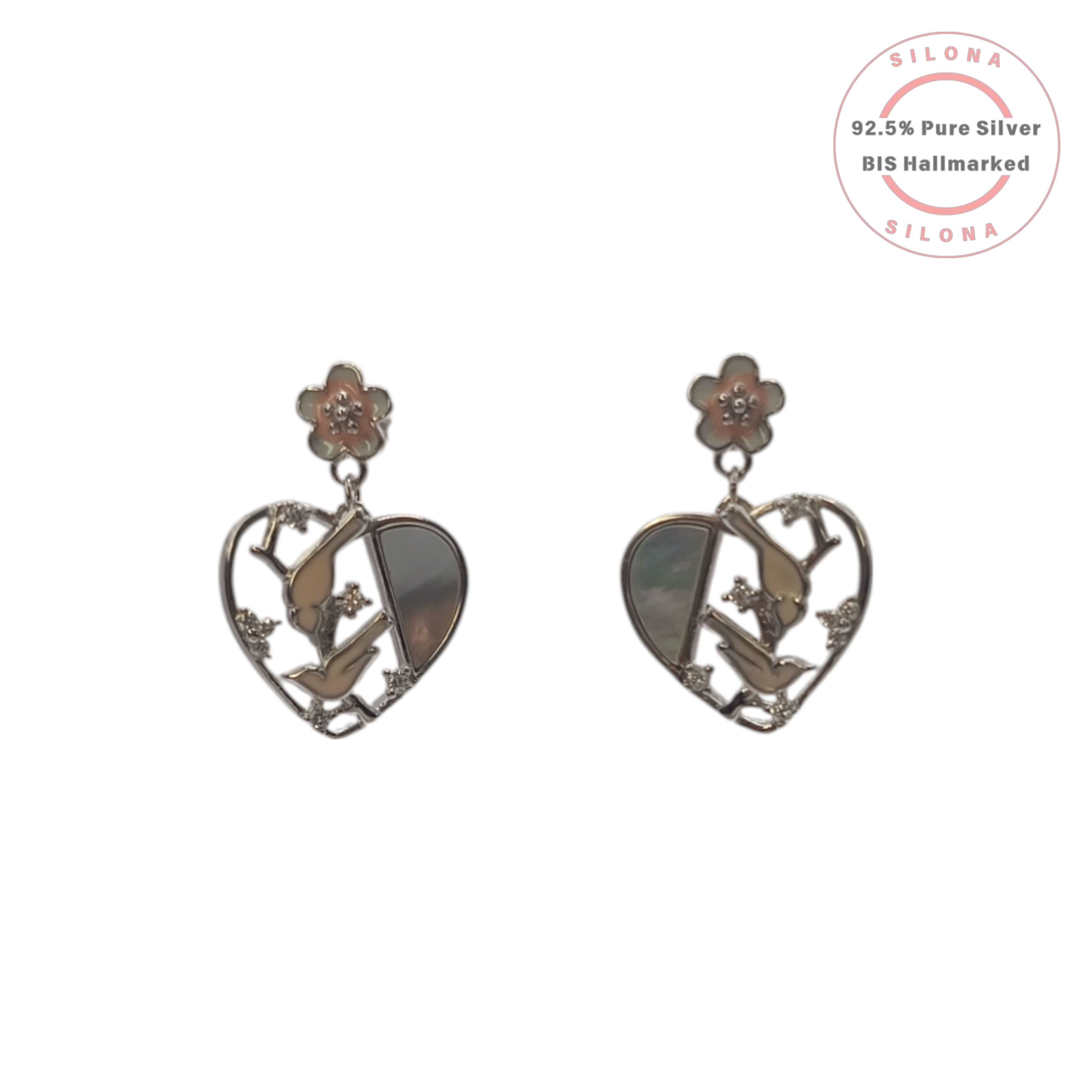 A pair of Silona Lovebird Heart Dangle Earrings in 92.5 silver, with pink enamel flower studs, Mother of Pearl inlay, and bird motifs, on a white background.
