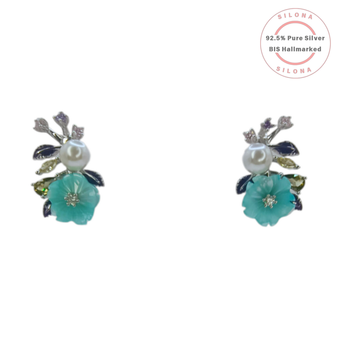 Silona Floral Necklace Set in 92.5 Silver, featuring a turquoise enamel flower pendant with a pearl and a silver snake chain.